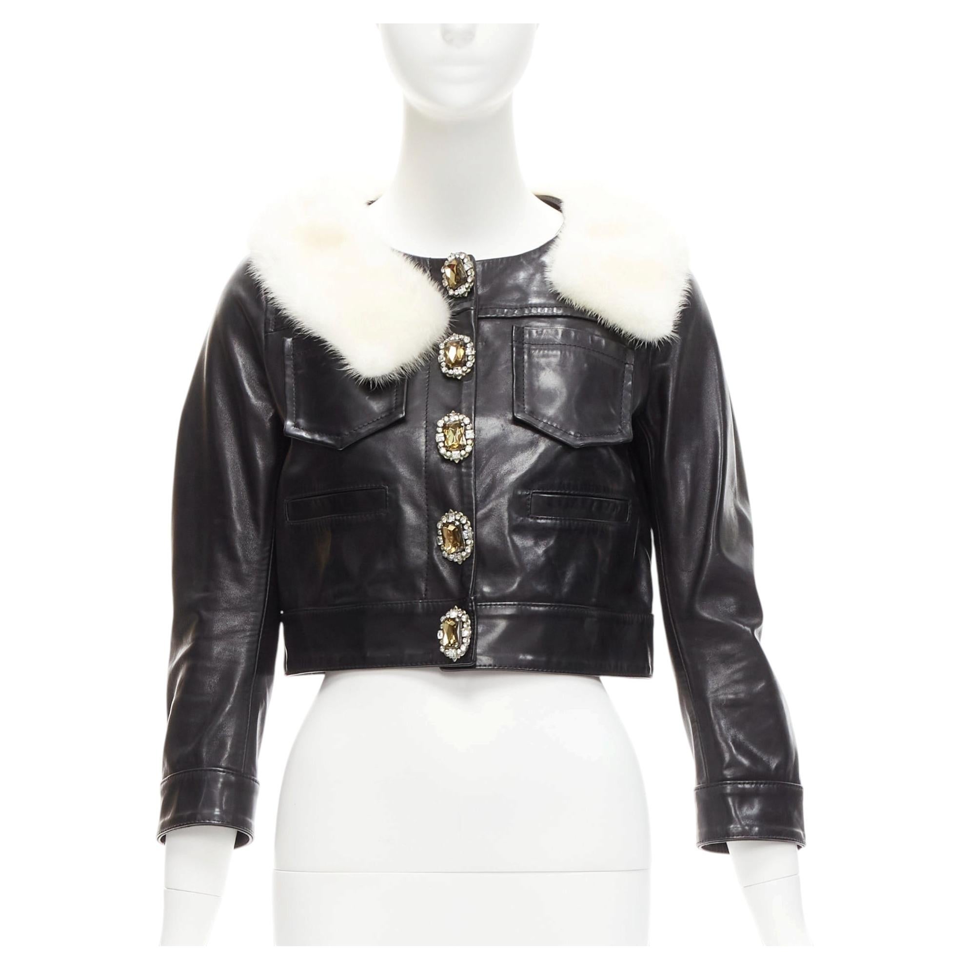 Pre-owned Dsquared2 Rare Asymmetric Fur Collar Jewel Button Cropped Leather Jacket It40 S In Black
