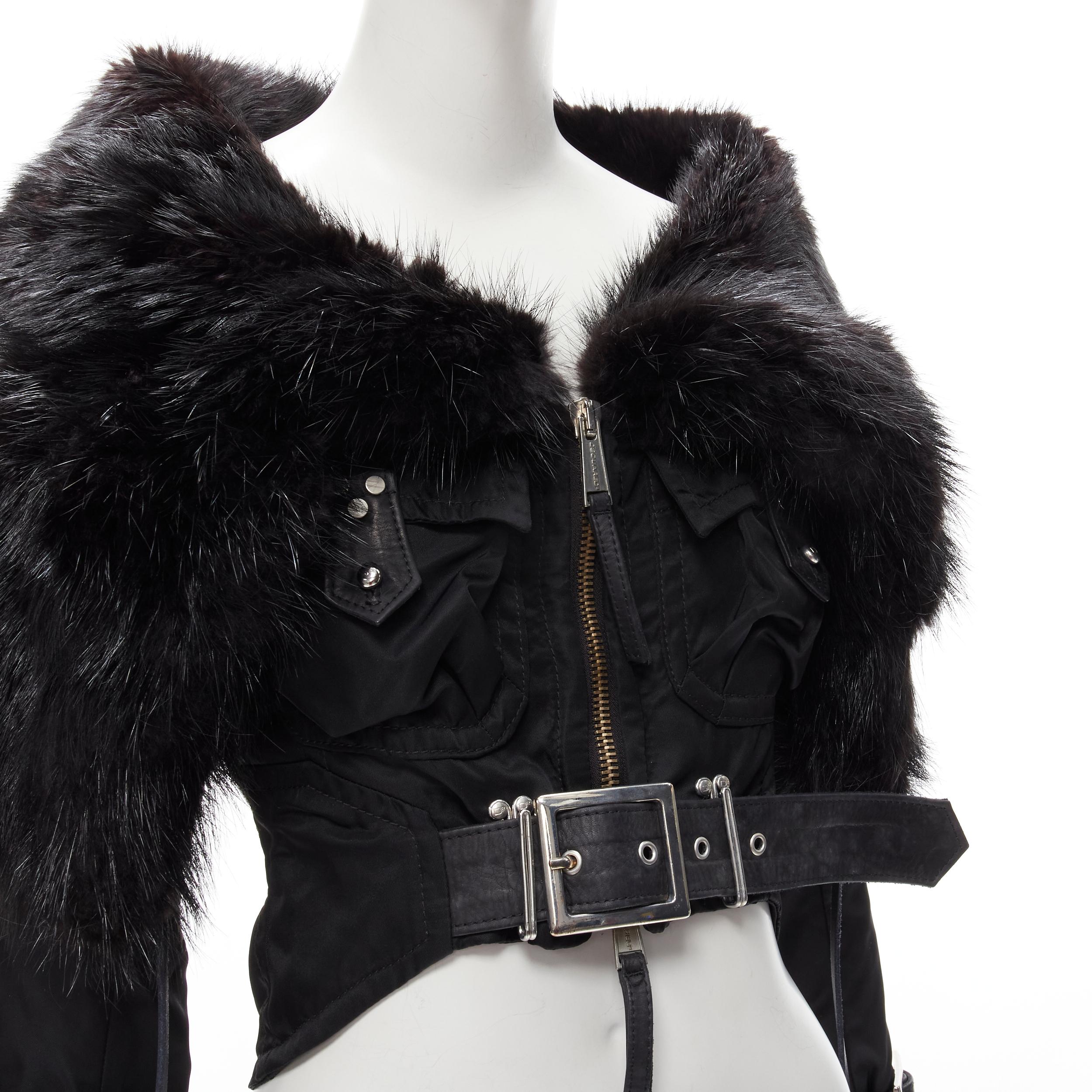 rare DSQUARED2 Runway black fur collar belted cropped aviator jacket IT40 S 
Reference: ANWU/A00754 
Brand: Dsquared2 
Material: Feels like nylon, fox collar with leather trim 
Color: Black 
Pattern: Solid 
Closure: Zip 
Extra Detail: Genuine fur