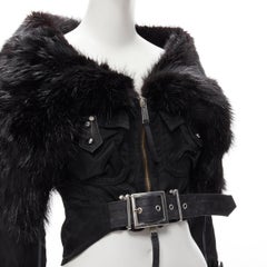 rare DSQUARED2 Runway black fur collar belted cropped aviator jacket IT40 S