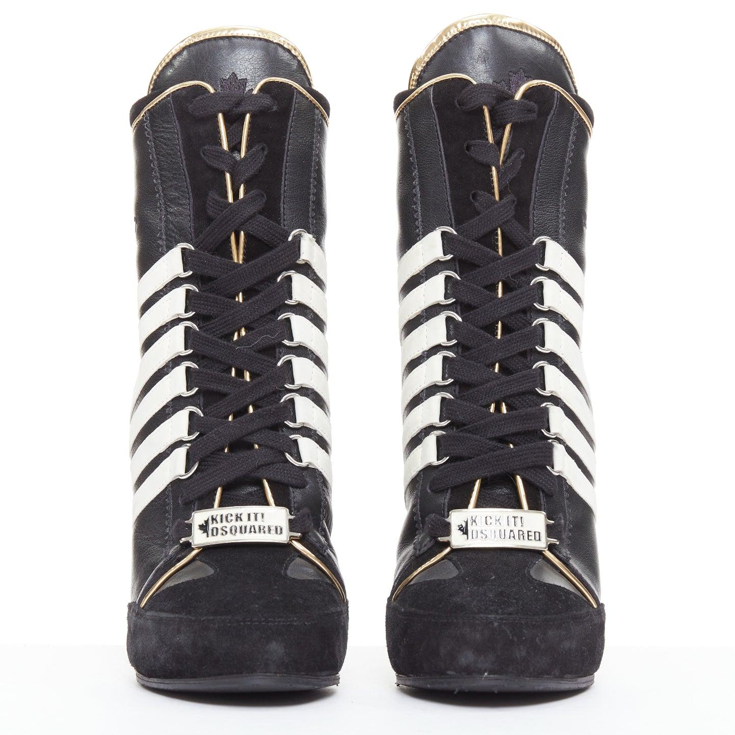 Noir rare DSQUARED2 Vintage noir blanc rayé or talon sneaker boots EU37 en vente