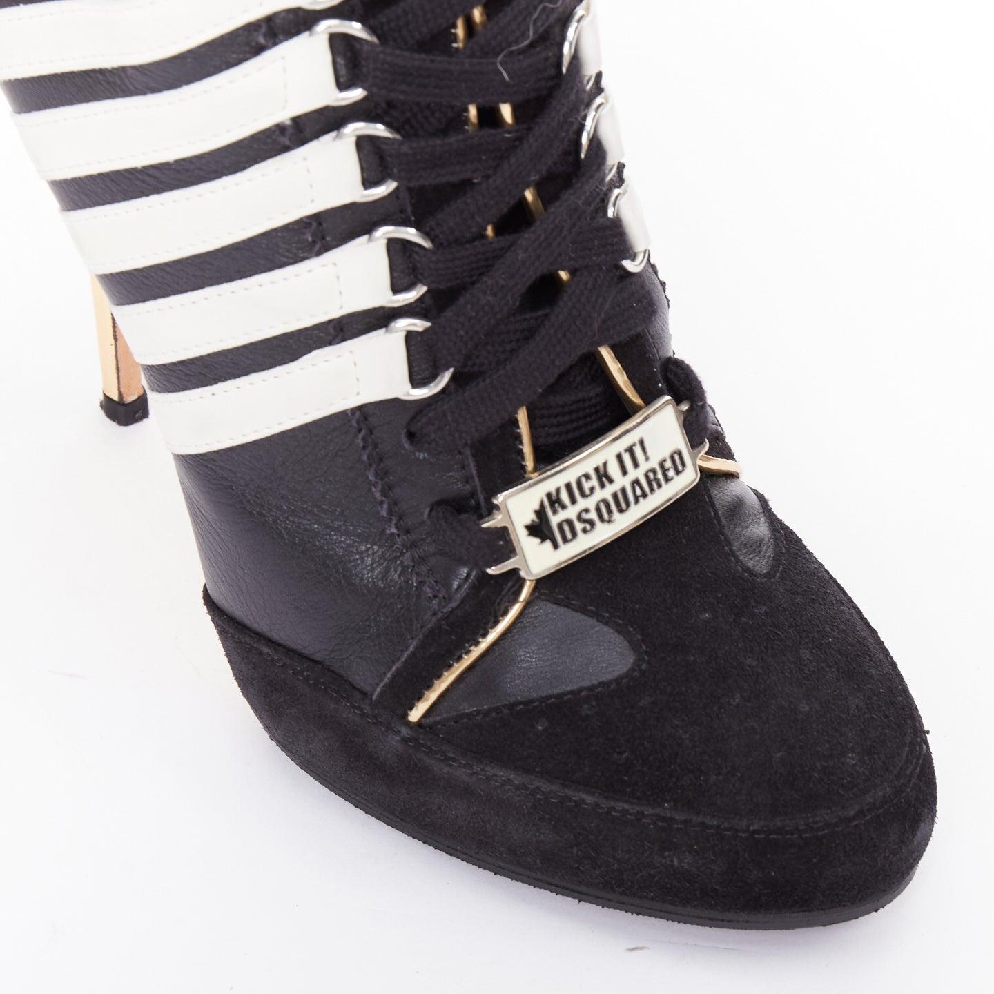 rare DSQUARED2 Vintage noir blanc rayé or talon sneaker boots EU37 en vente 2
