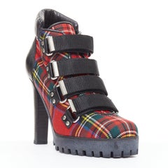 rare DSQUARED2 Vintage red tartan wool punk buckle ankle booties EU36