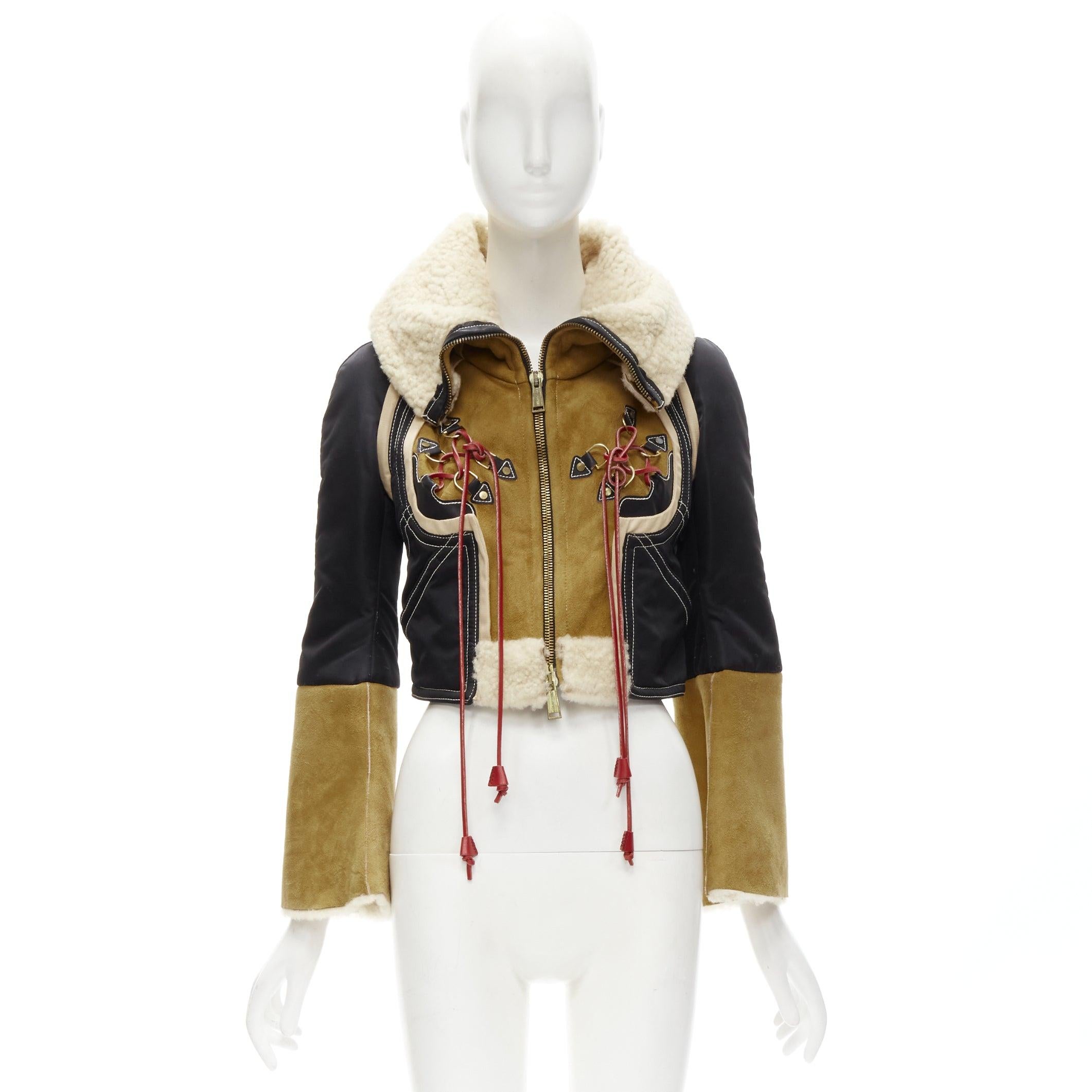 rare DSQUARED2 Vintage Runway brown suede shearling nylon aviator jacket IT40 S For Sale 6