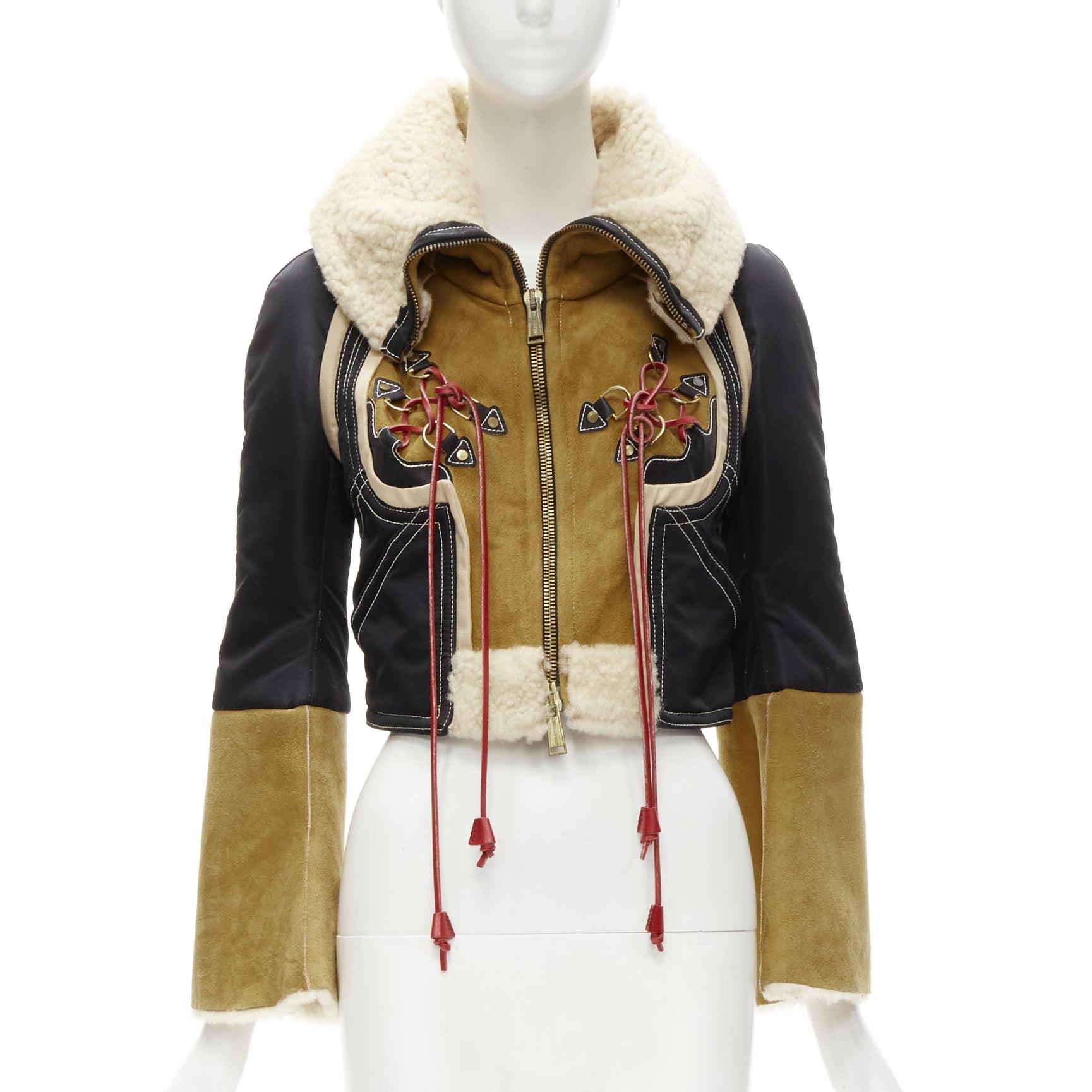 Brown rare DSQUARED2 Vintage Runway brown suede shearling nylon aviator jacket IT40 S For Sale