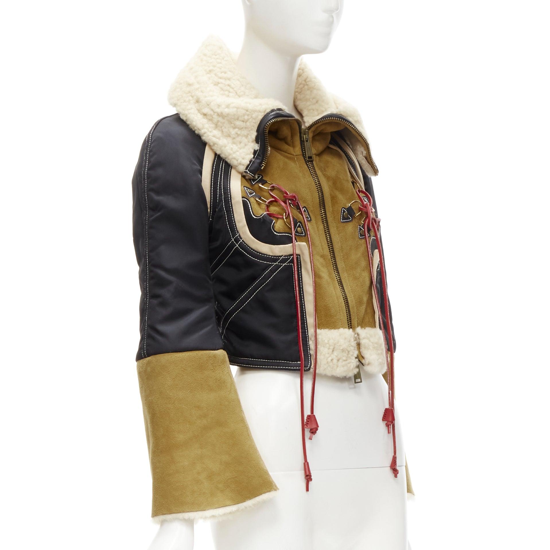 rare DSQUARED2 Vintage Runway brown suede shearling nylon aviator jacket IT40 S In Excellent Condition For Sale In Hong Kong, NT