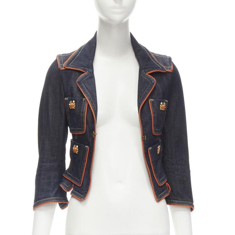 Black rare DSQUARED2 Vintage Y2K orange crab blue denim cropped jacket IT40 XS For Sale