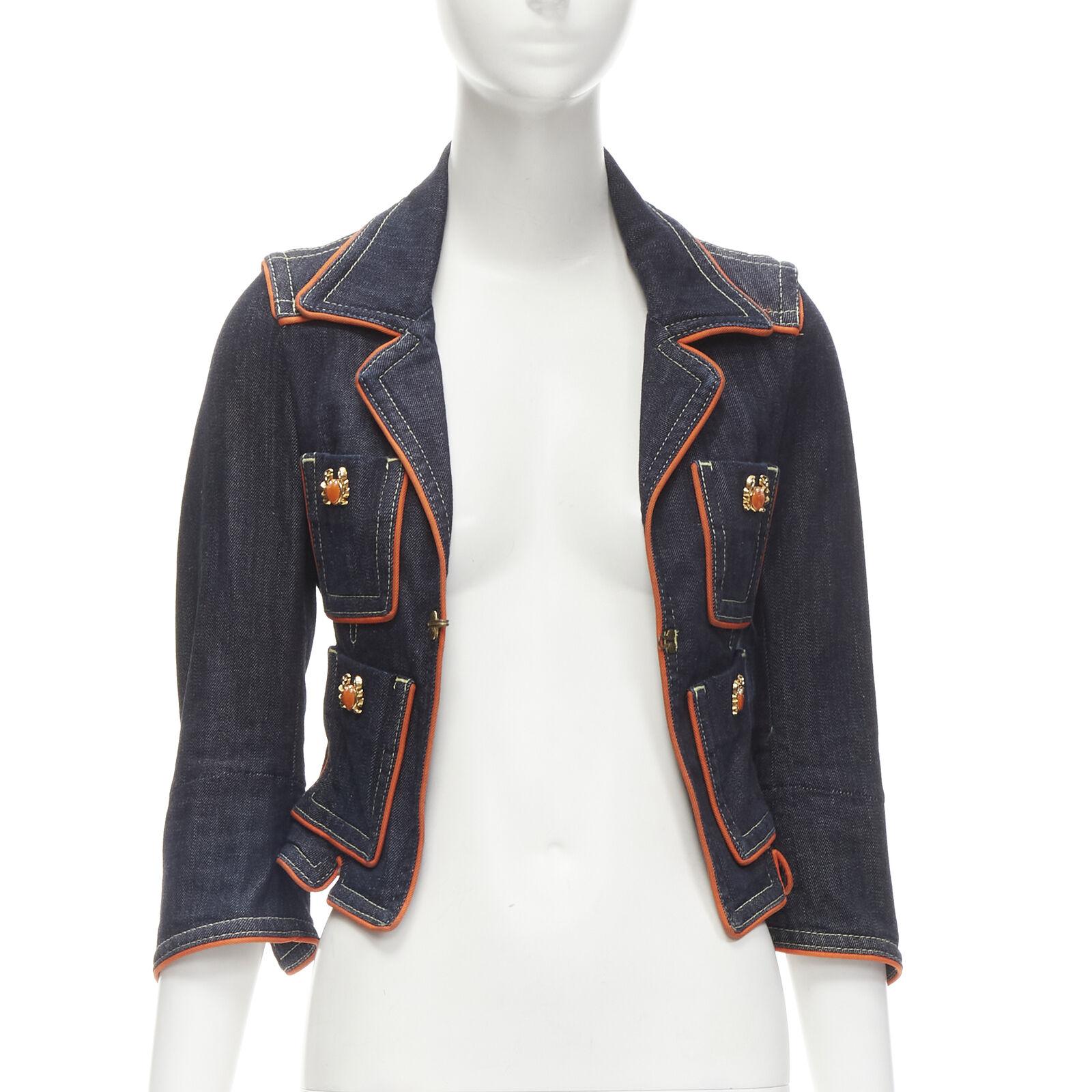 rare DSQUARED2 Vintage Y2K orange crab blue denim cropped jacket IT40 XS In Excellent Condition For Sale In Hong Kong, NT
