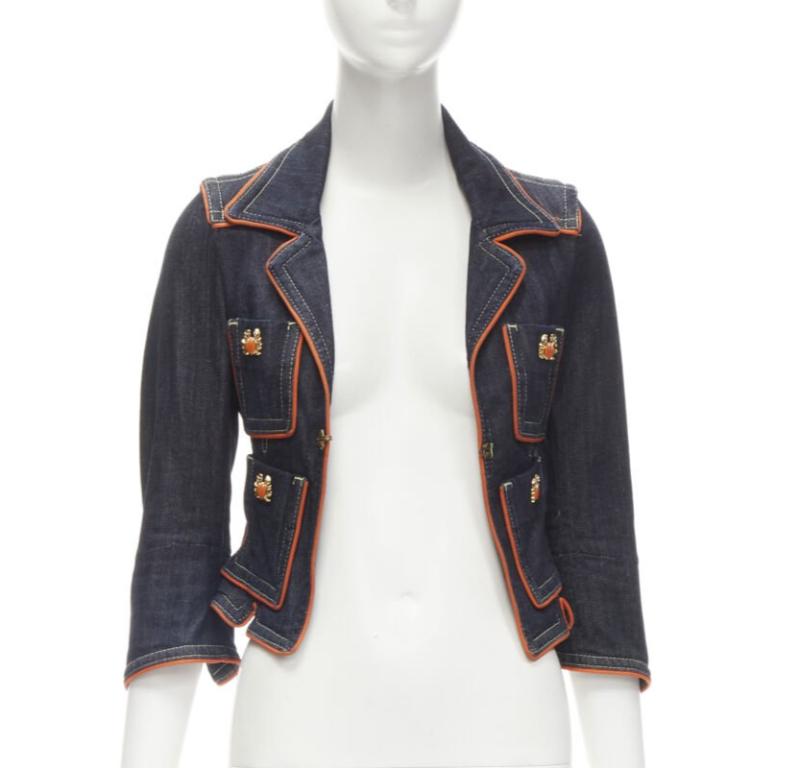 rare DSQUARED2 Vintage Y2K orange crab blue denim cropped jacket IT40 XS In Excellent Condition In Hong Kong, NT
