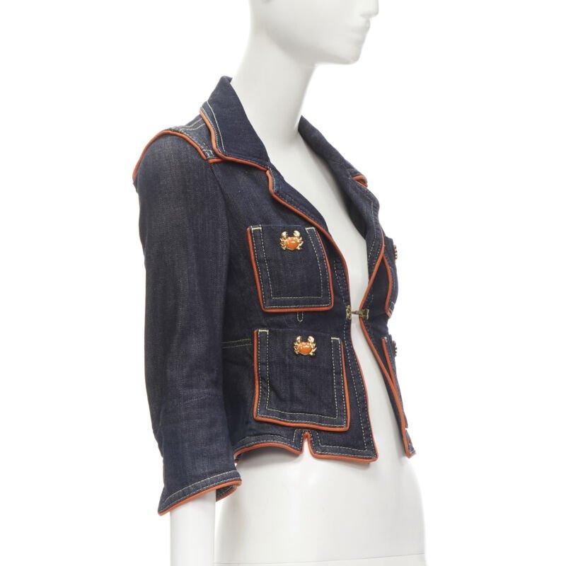 rare DSQUARED2 Vintage Y2K orange crab blue denim cropped jacket IT40 XS In Excellent Condition For Sale In Hong Kong, NT