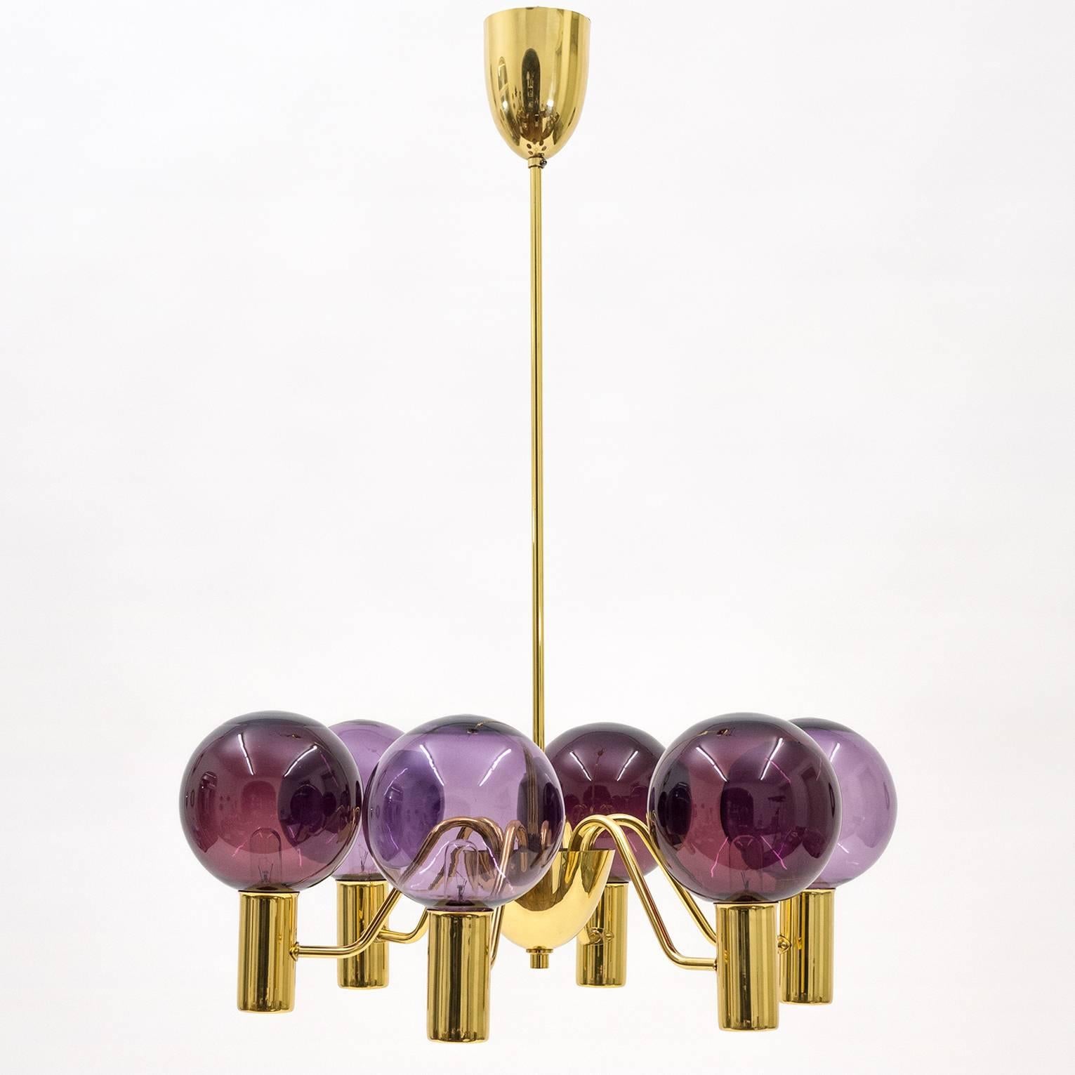 Swedish Rare Dual Color Glass and Brass Chandelier by Hans-Agne Jakobsson, 1960s
