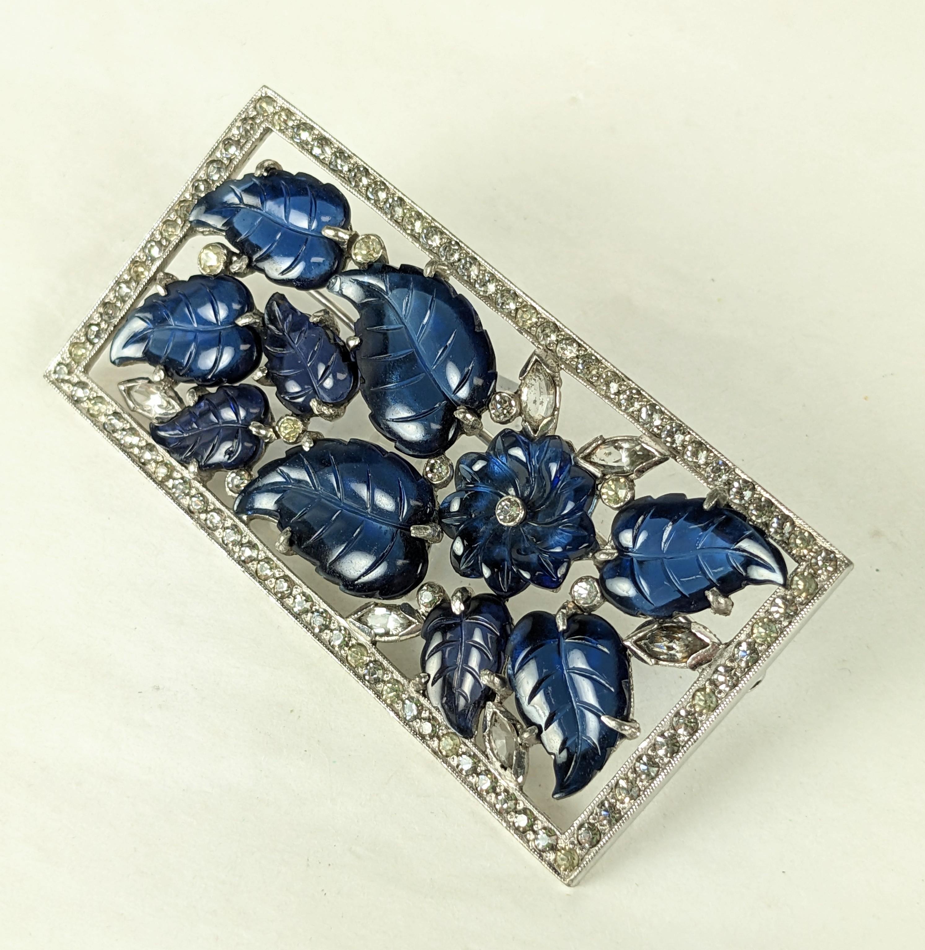 Rare Dujay Art Deco Fruit Salad Brooch from the 1930's, unsigned. Dujay had the highest quality manufacture of the period, in rhodium and pate de verre molded leaves in a pave frame. 2..65