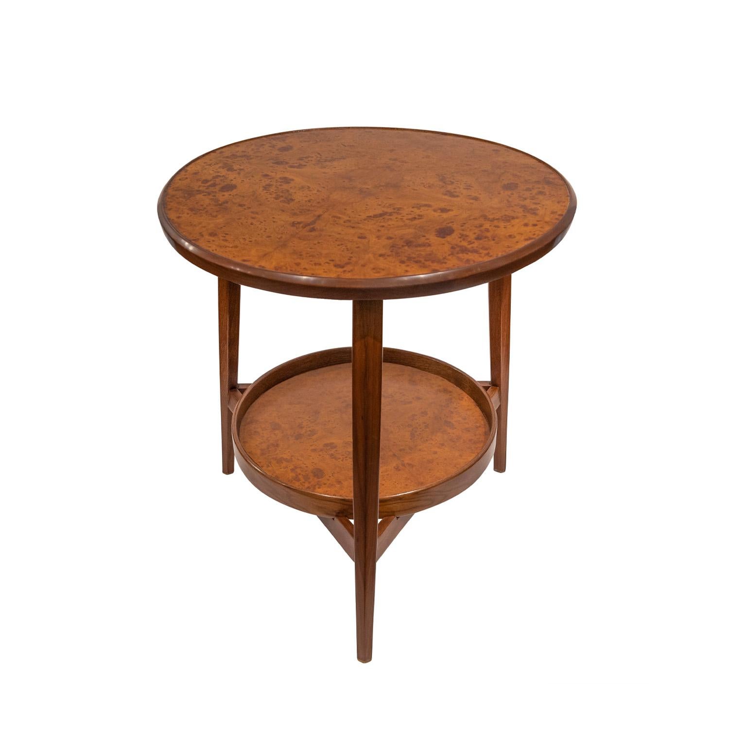 Rare side table in book-matched Carpathian elm and walnut with removable serving tray at bottom by Edward Wormley for Dunbar, American 1950's (signed with metal label).  This table has beautiful little brass sabots at the bottom of the legs.  The