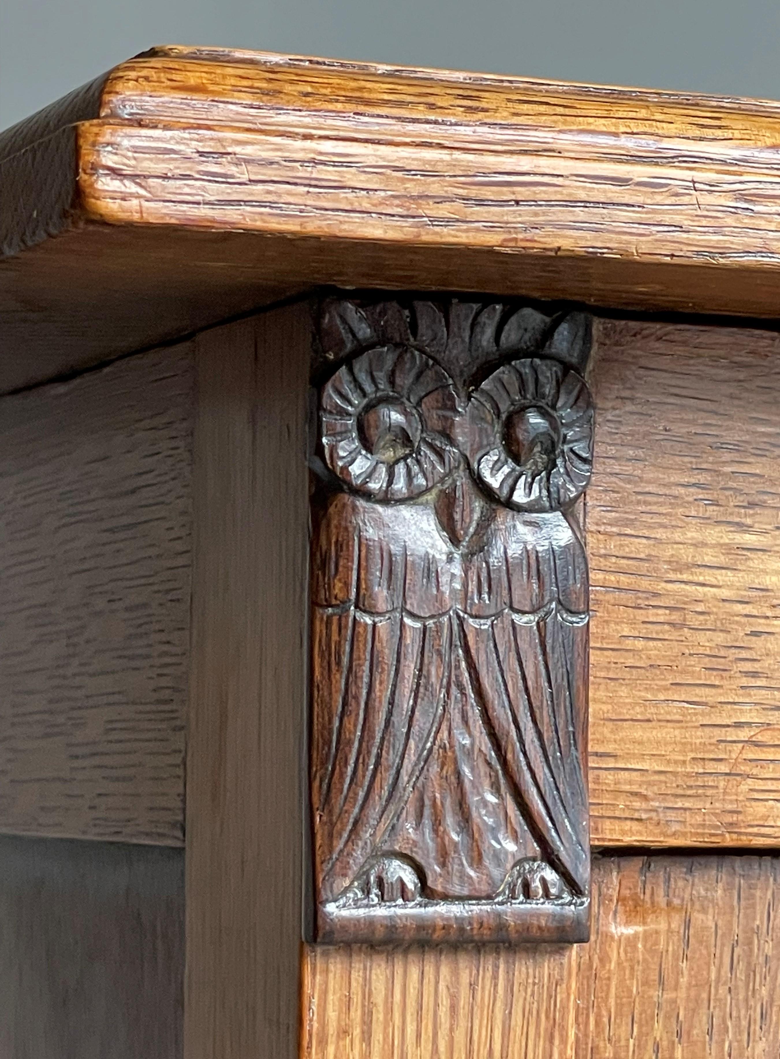 Rare Dutch Arts and Crafts Oak Bookcase w. Hand Carved Coromandel Owl Sculptures 11
