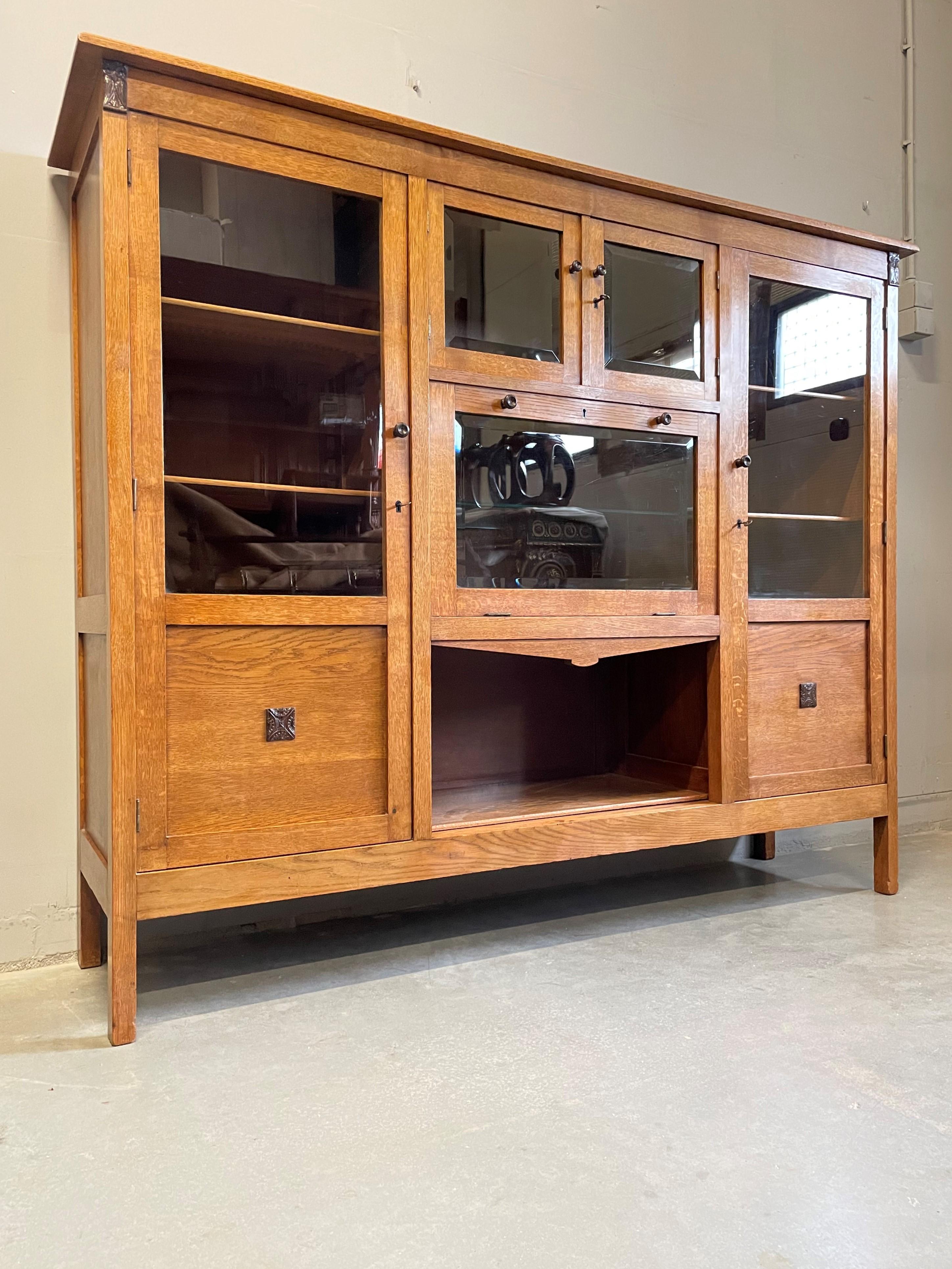 Hand-Crafted Rare Dutch Arts and Crafts Oak Bookcase w. Hand Carved Coromandel Owl Sculptures