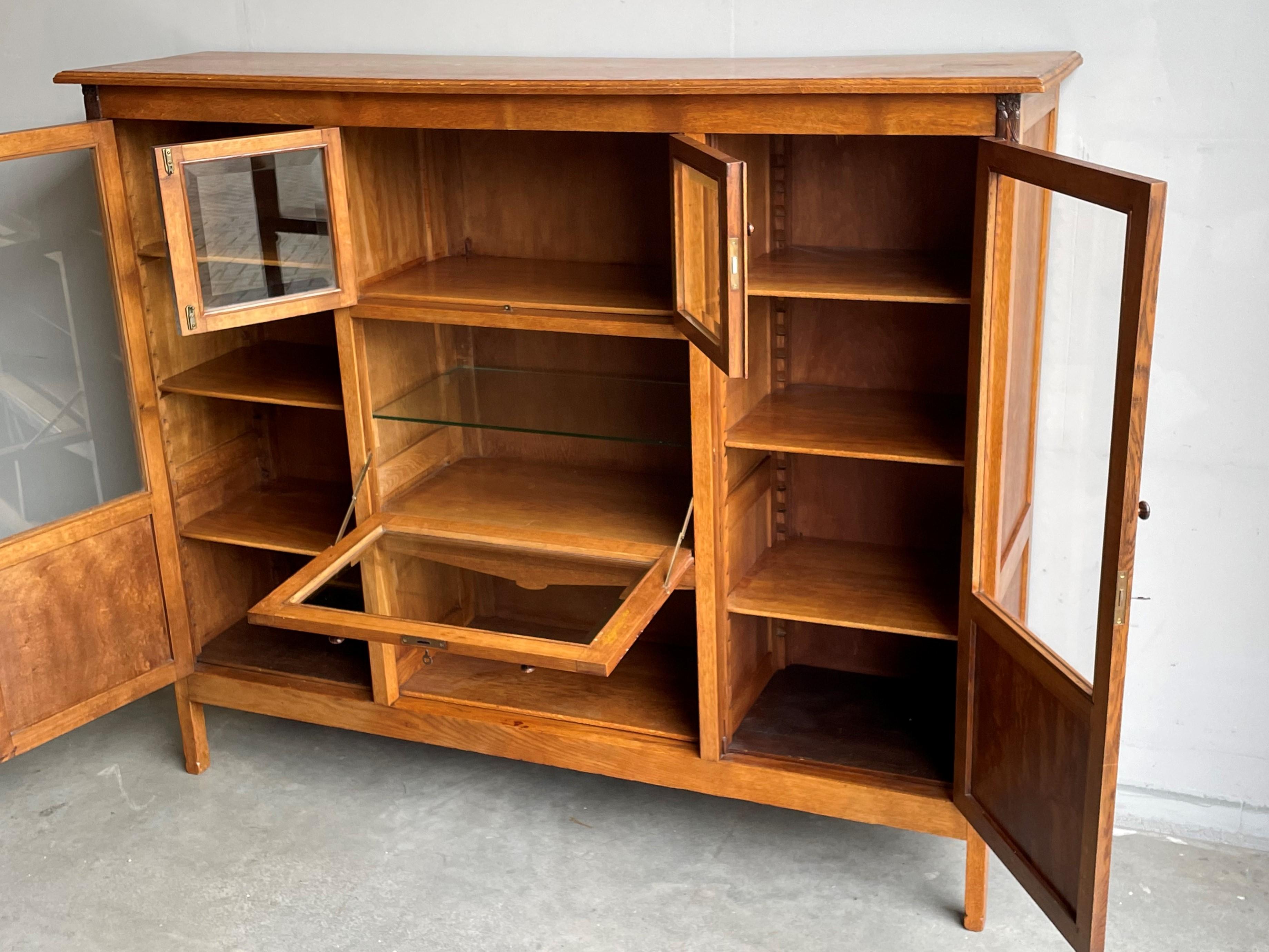 20th Century Rare Dutch Arts and Crafts Oak Bookcase w. Hand Carved Coromandel Owl Sculptures