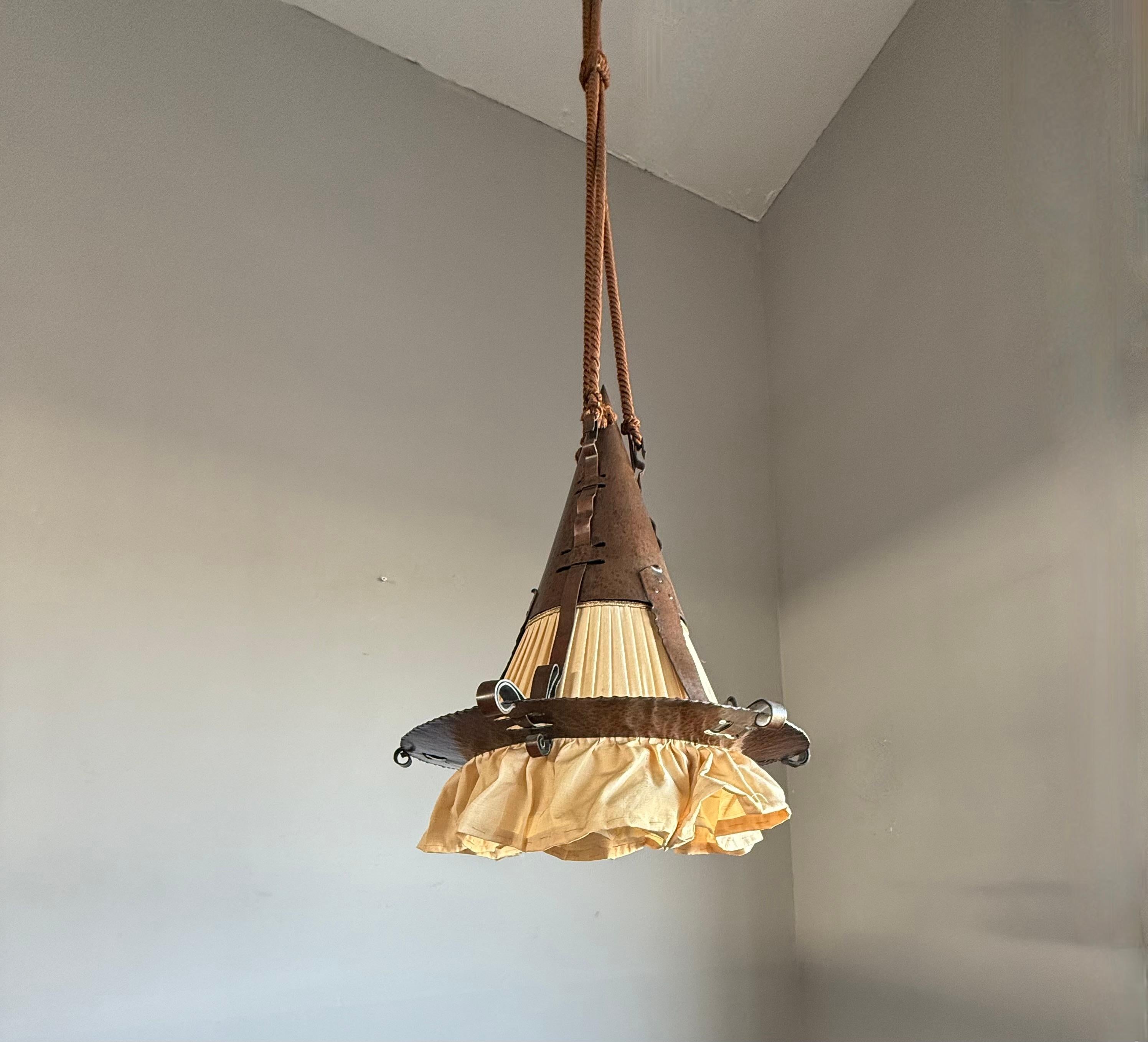 Arts and Crafts Rare Dutch Arts & Crafts Hand Hammered Copper Hallway Pendant Light Lantern For Sale
