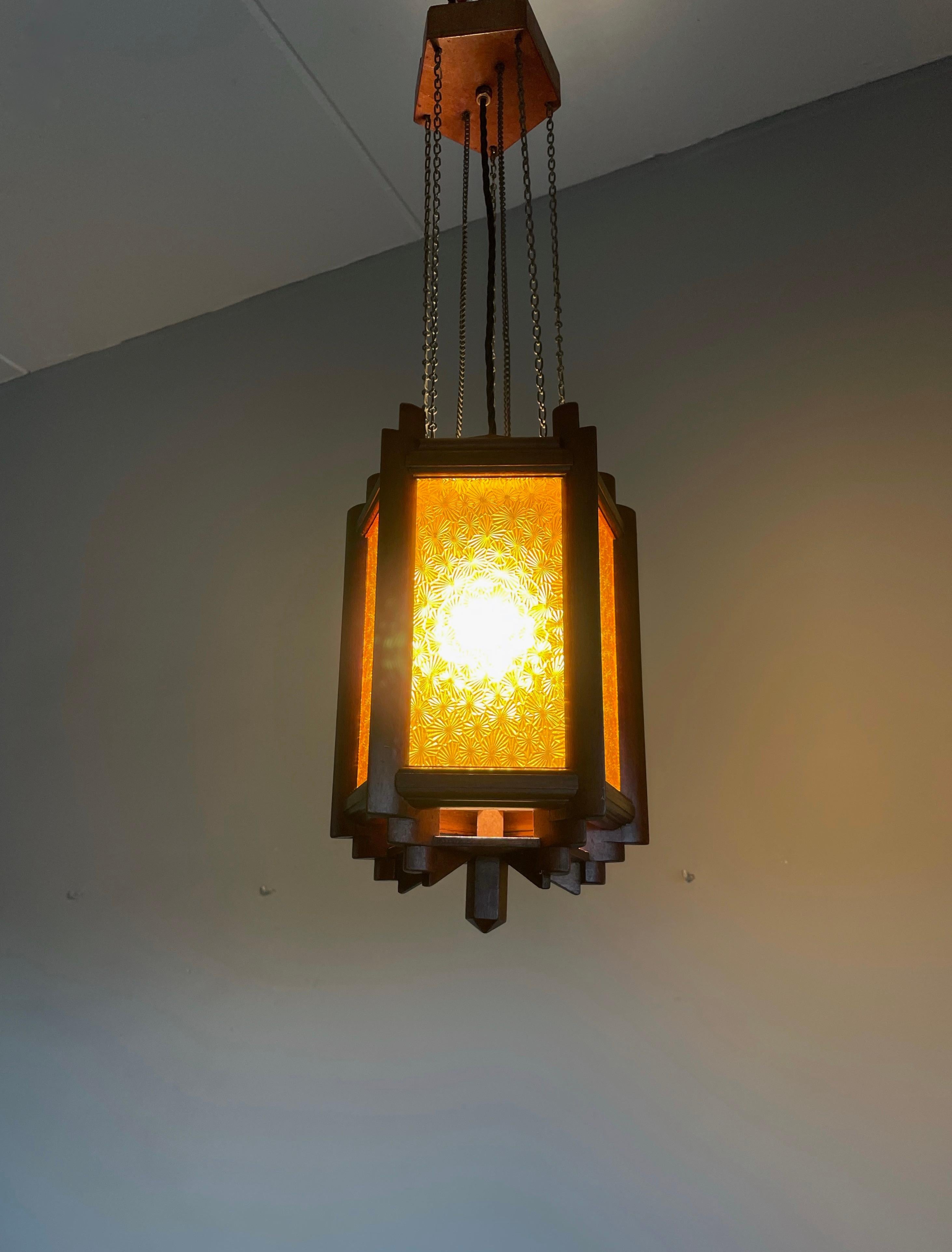 Arts and Crafts Rare Dutch Arts & Crafts Nutwood and Art Glass Entrance or Hallway Pendant Light
