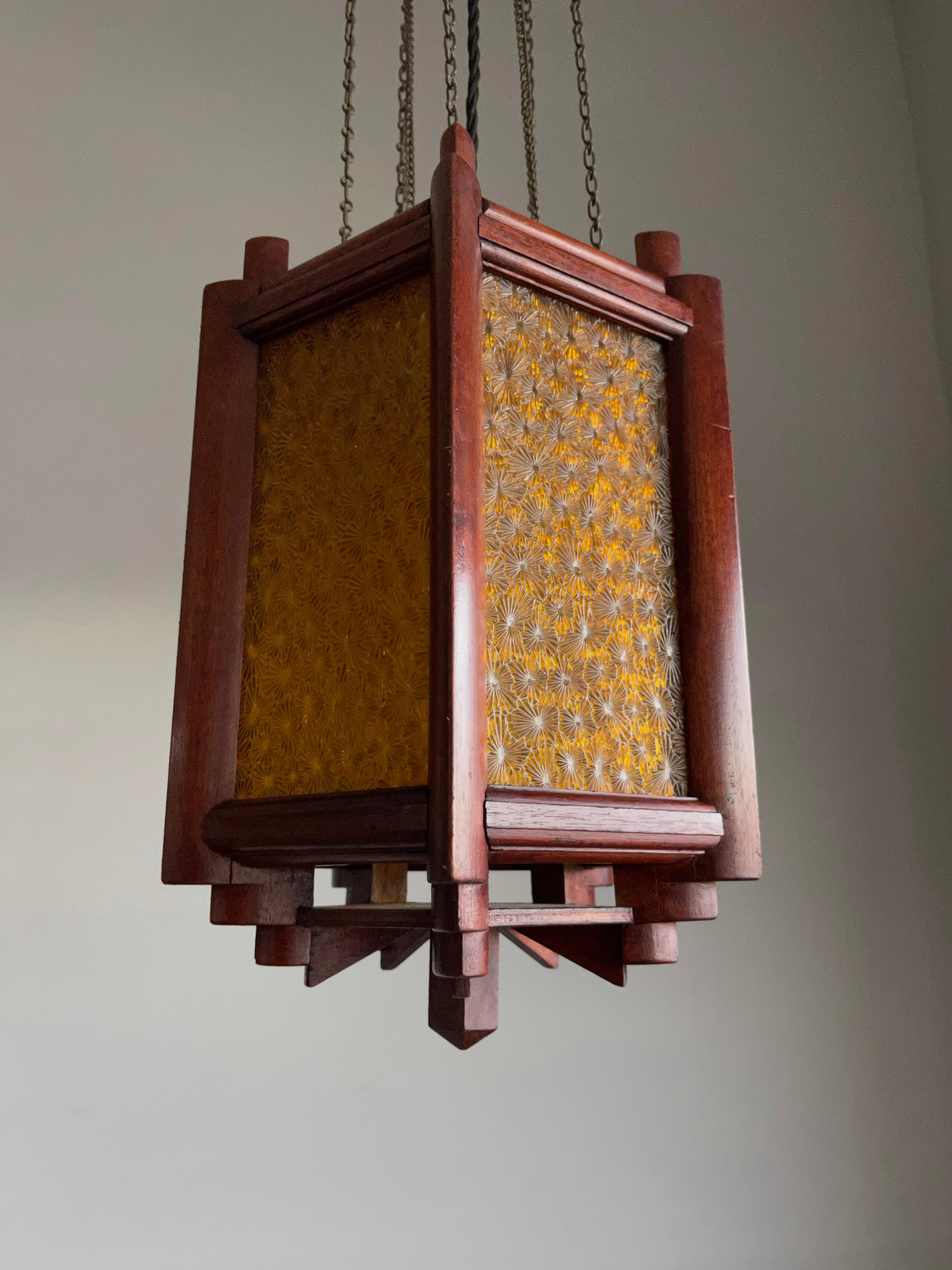 Hand-Carved Rare Dutch Arts & Crafts Nutwood and Art Glass Entrance or Hallway Pendant Light