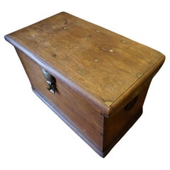 Rare Dutch Colonial Solid Teak Brass Inlay Strong Box With Padlock & Handles