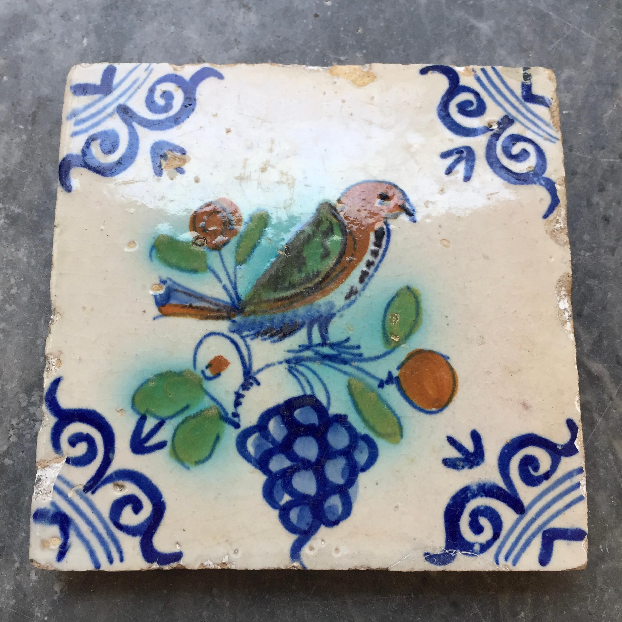 Fired Rare Dutch Delft Bird Tile, Early 17th Century