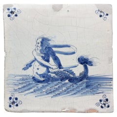 Rare Dutch Delft Tile with Merman, Mid 17th Century