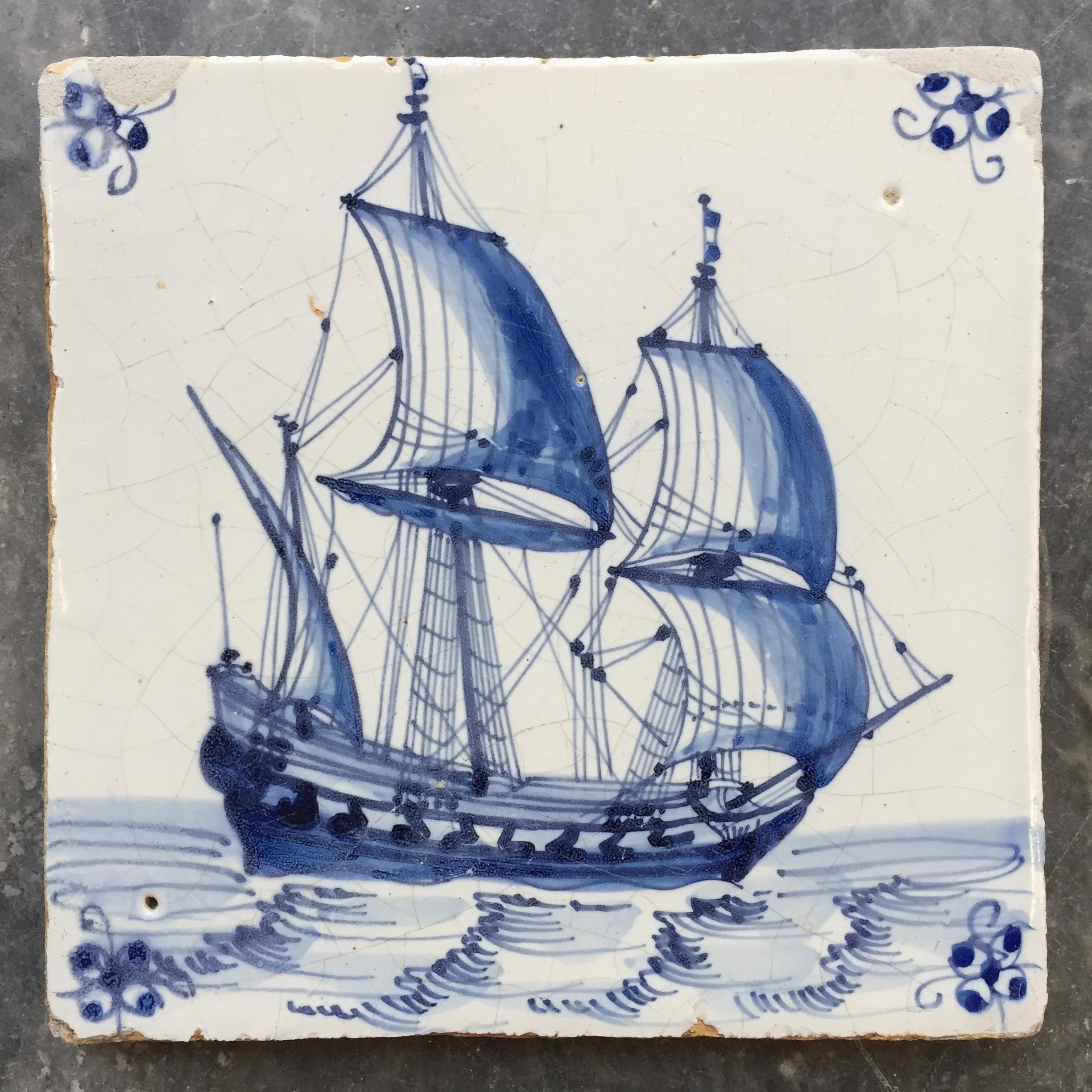 The Netherlands
Circa 1640 - 1660

A fine-painted Dutch Delft tile with a decoration of a three-master ship from the Dutch East-Indian trading company VOC or the Dutch Navy.

A genuine collectible of approximately 400 years old.