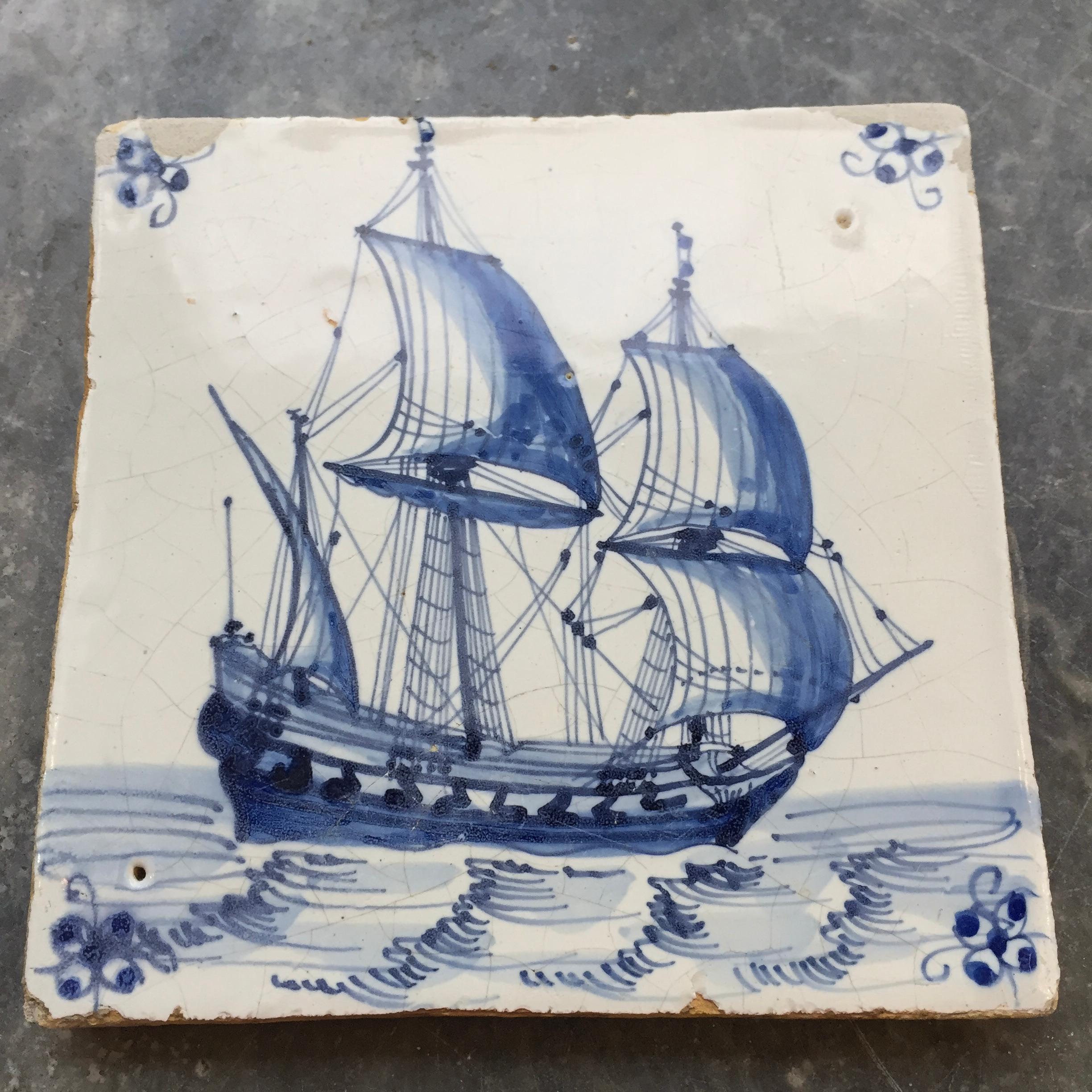 Fired Rare Dutch Delft Tile with VOC Ship, Early 17th Century