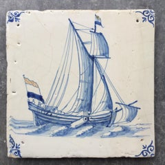 Rare Dutch Delft Tile with Yacht with Dutch Flags, Early 17th Century