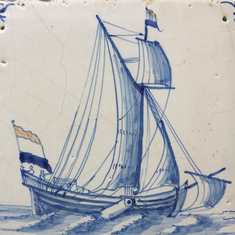 Baroque Rare Dutch Delft Tile with Yacht with Dutch Flags, Early 17th Century For Sale