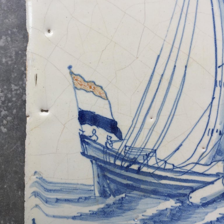 Fired Rare Dutch Delft Tile with Yacht with Dutch Flags, Early 17th Century For Sale