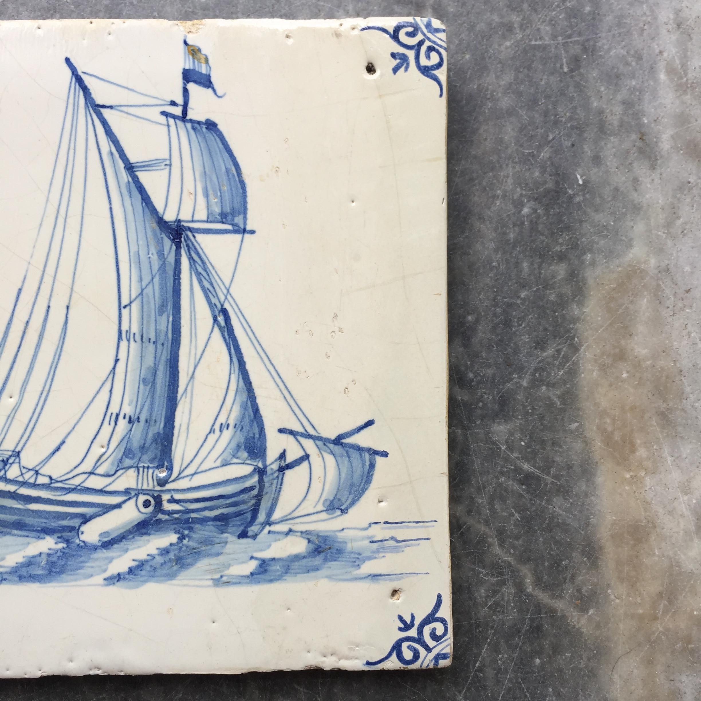 Baroque Rare Dutch Delft Tile with Yacht with Dutch Flags, Early 17th Century