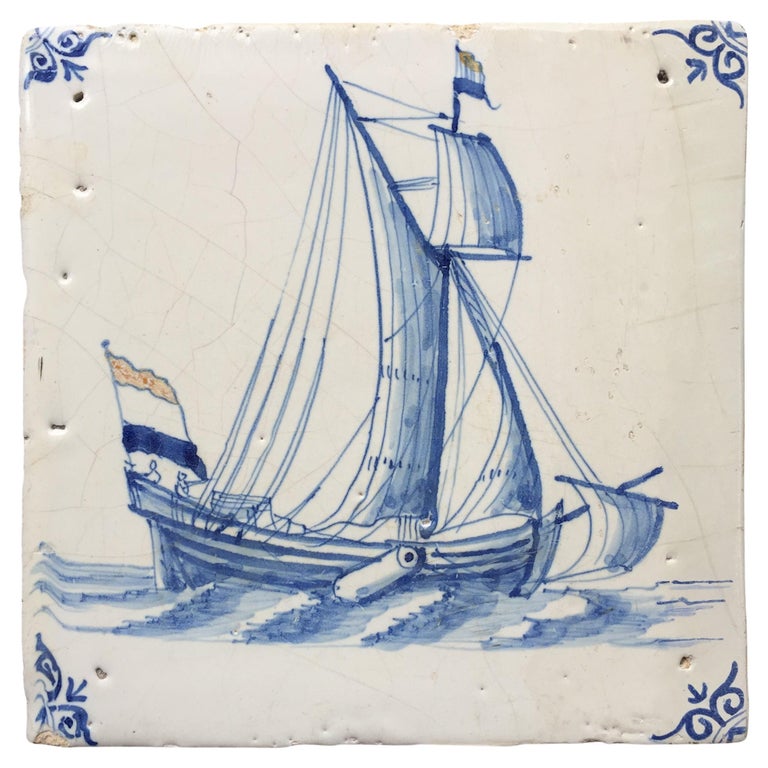 Rare Dutch Delft Tile with Yacht with Dutch Flags, Early 17th Century For Sale