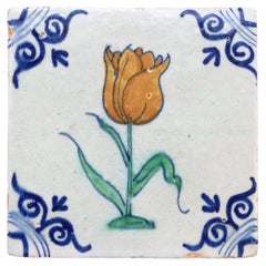 Rare Dutch Delft Tulip Tile, Early 17th Century