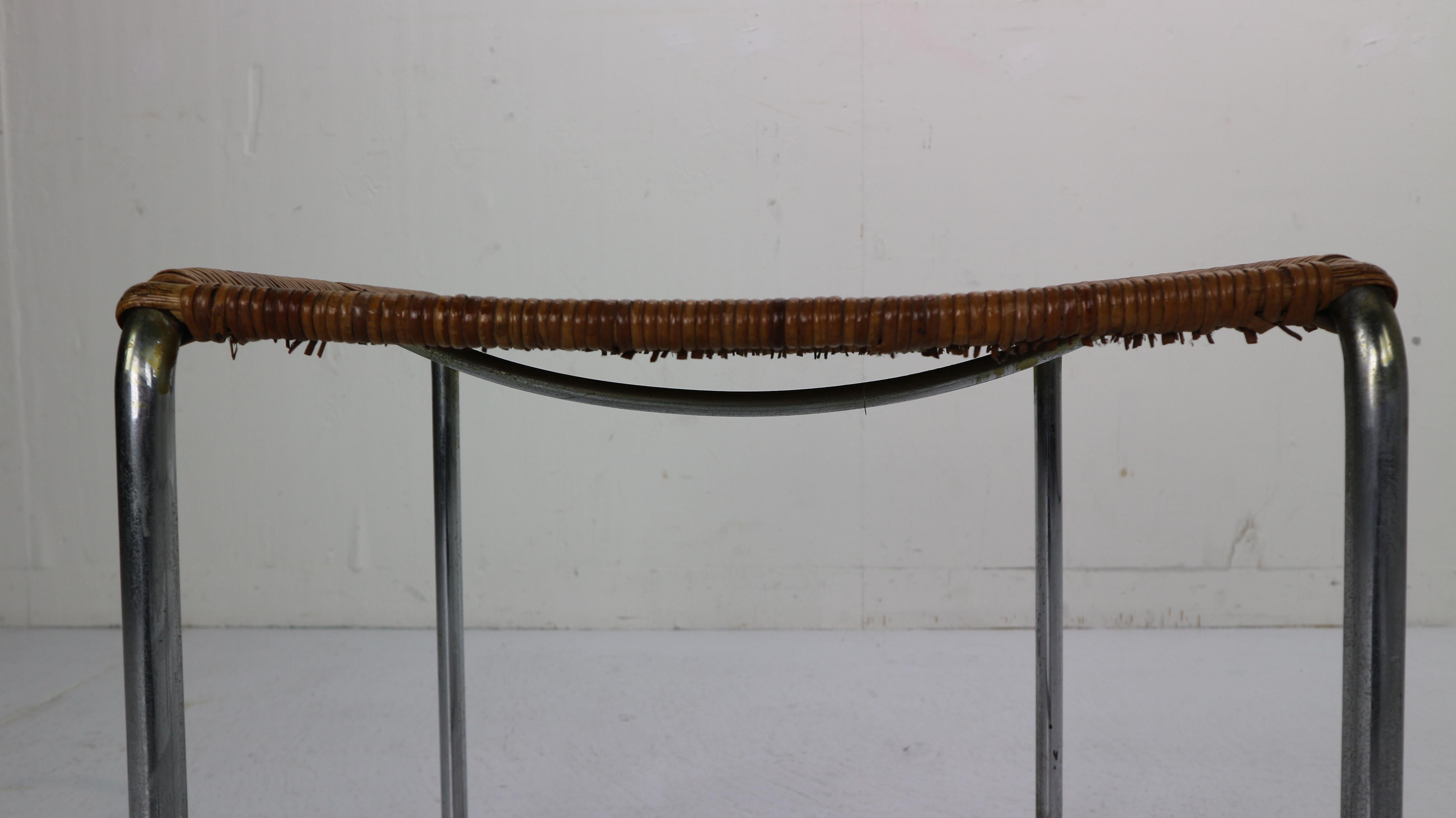 Rare Dutch Design Rattan and Chrome Footstool by W.H. Gispen, 1933-1936 7