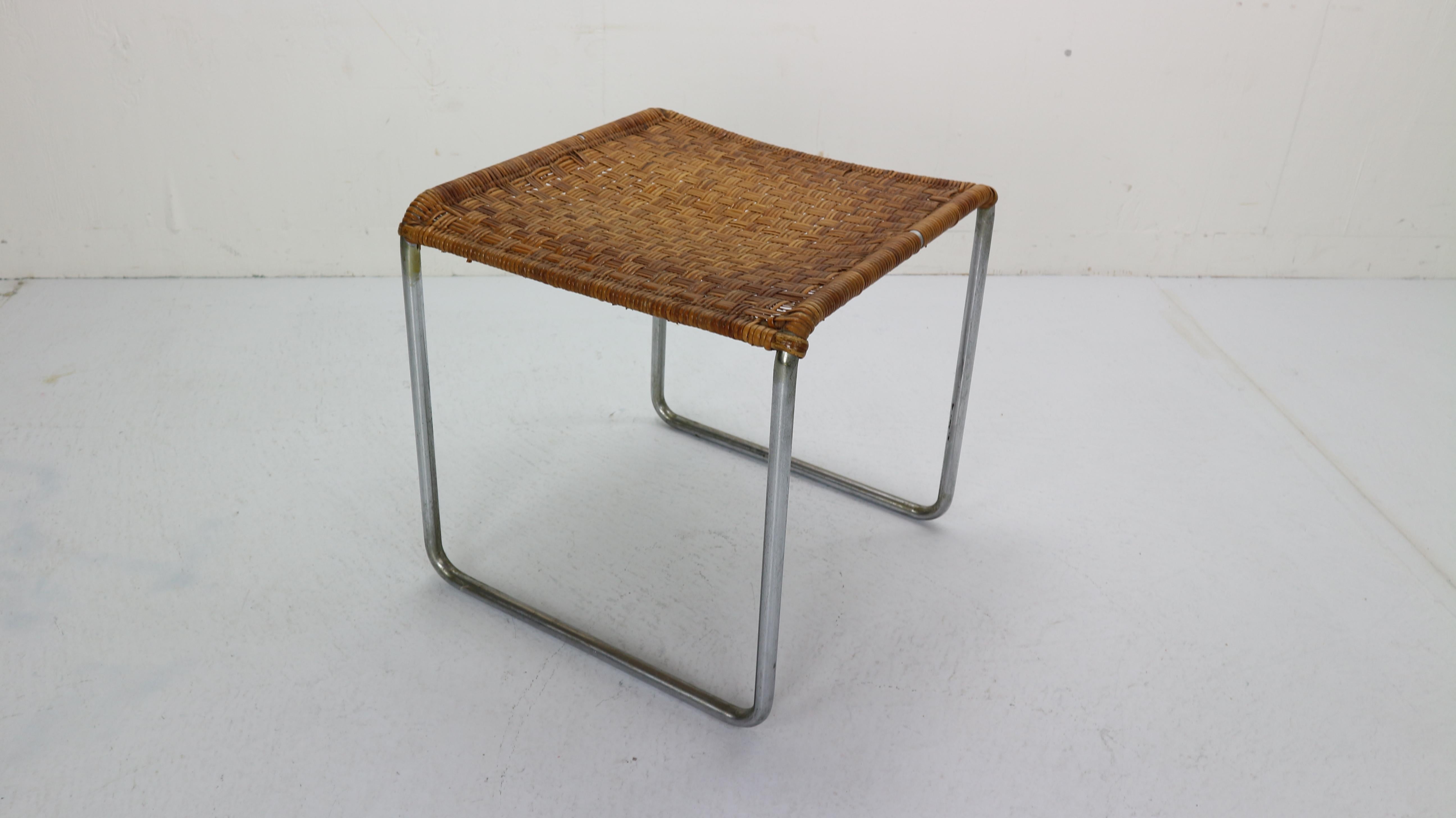 Rare Dutch Design Rattan and Chrome Footstool by W.H. Gispen, 1933-1936 1