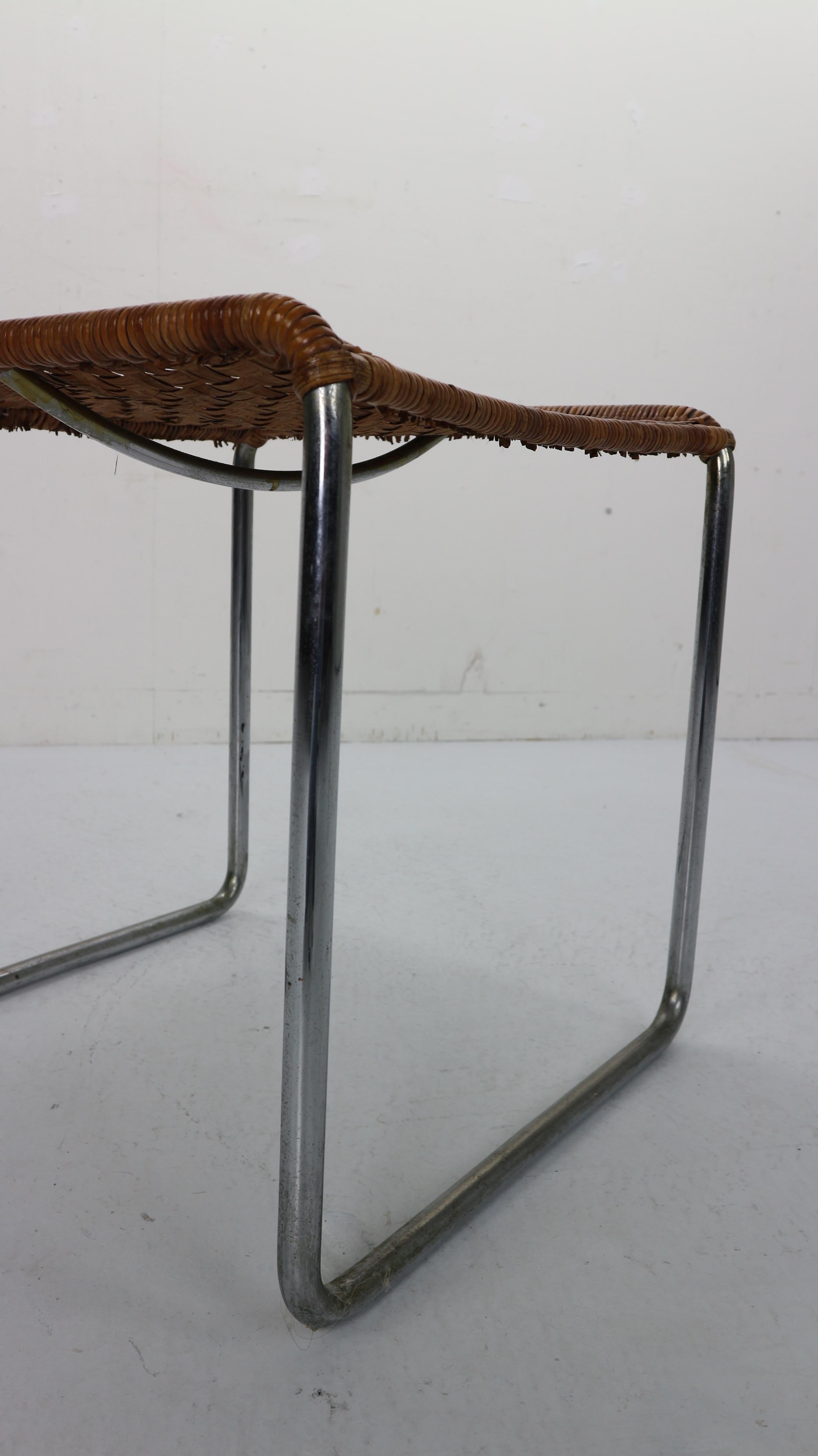 Rare Dutch Design Rattan and Chrome Footstool by W.H. Gispen, 1933-1936 4