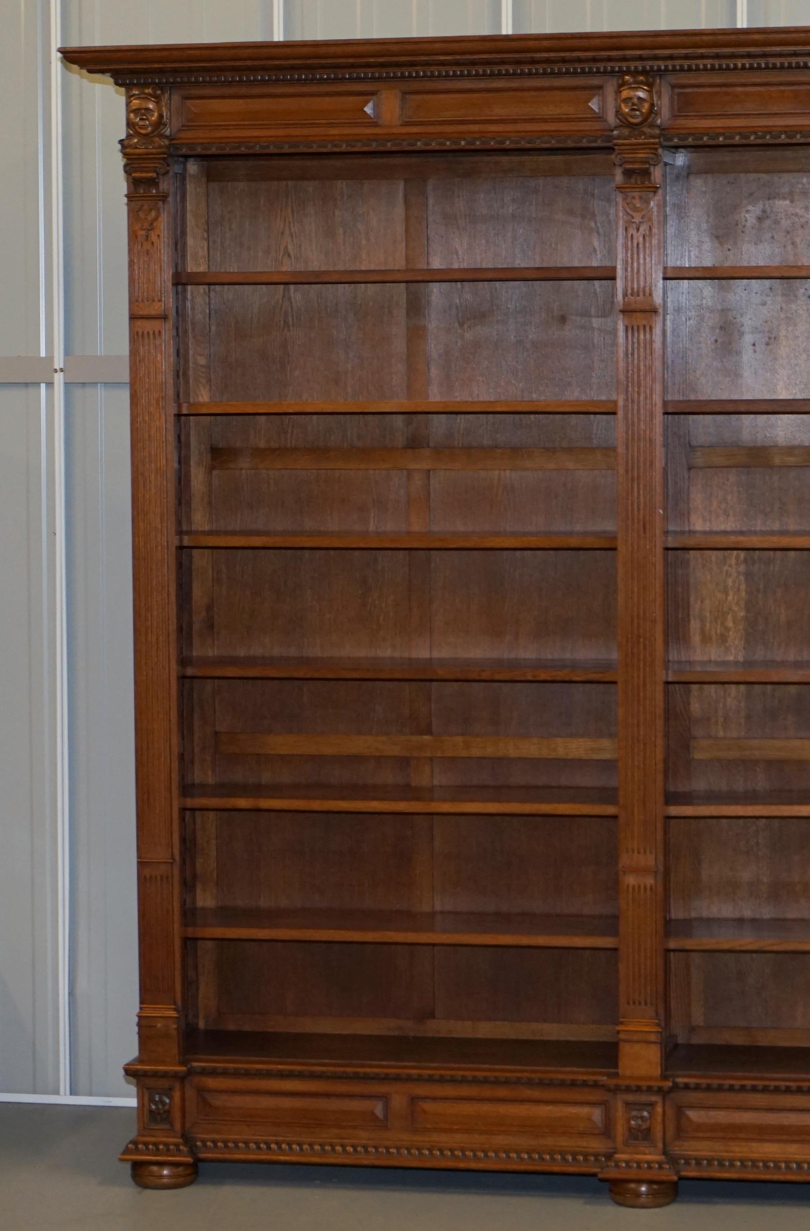 Modern Rare Dutch Hand Carved Solid Oak Triple Bank Library Bookcase Fully Dismantles