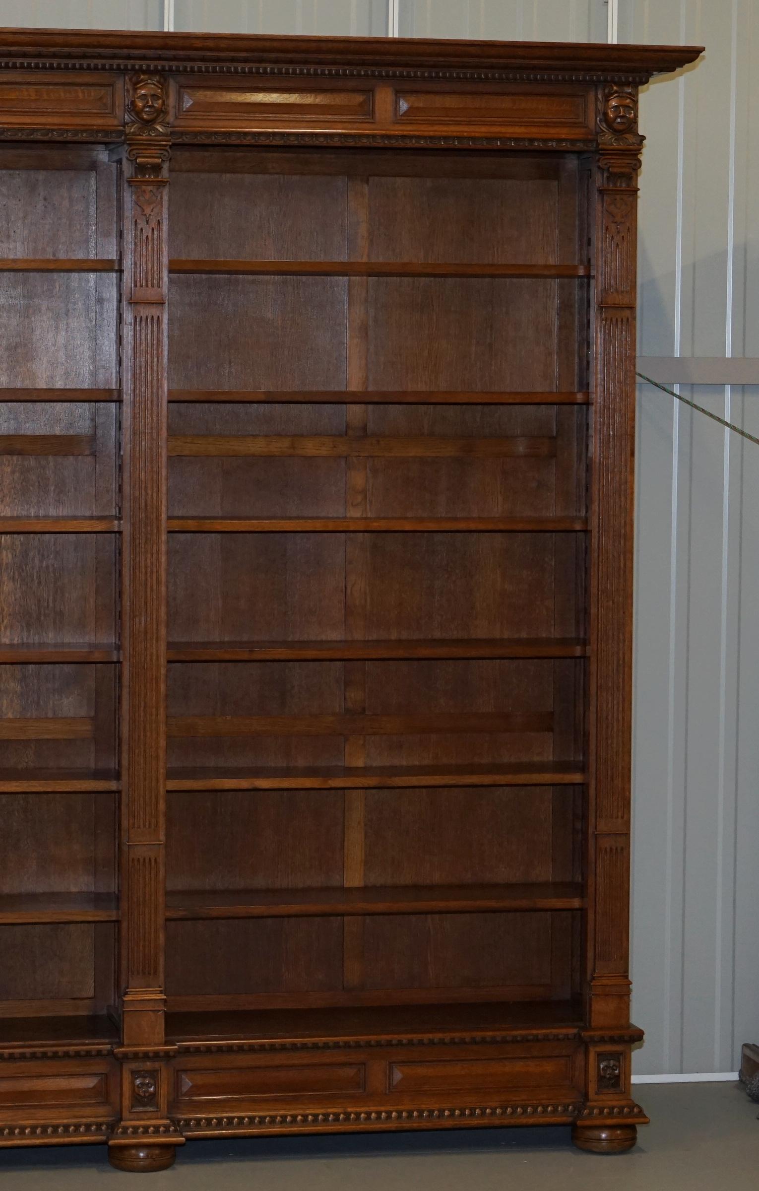 Hand-Crafted Rare Dutch Hand Carved Solid Oak Triple Bank Library Bookcase Fully Dismantles