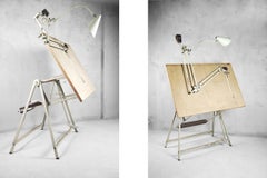 Rare Dutch Industrial Drawing or Architect's Wood & Metal Table Witch Lamp