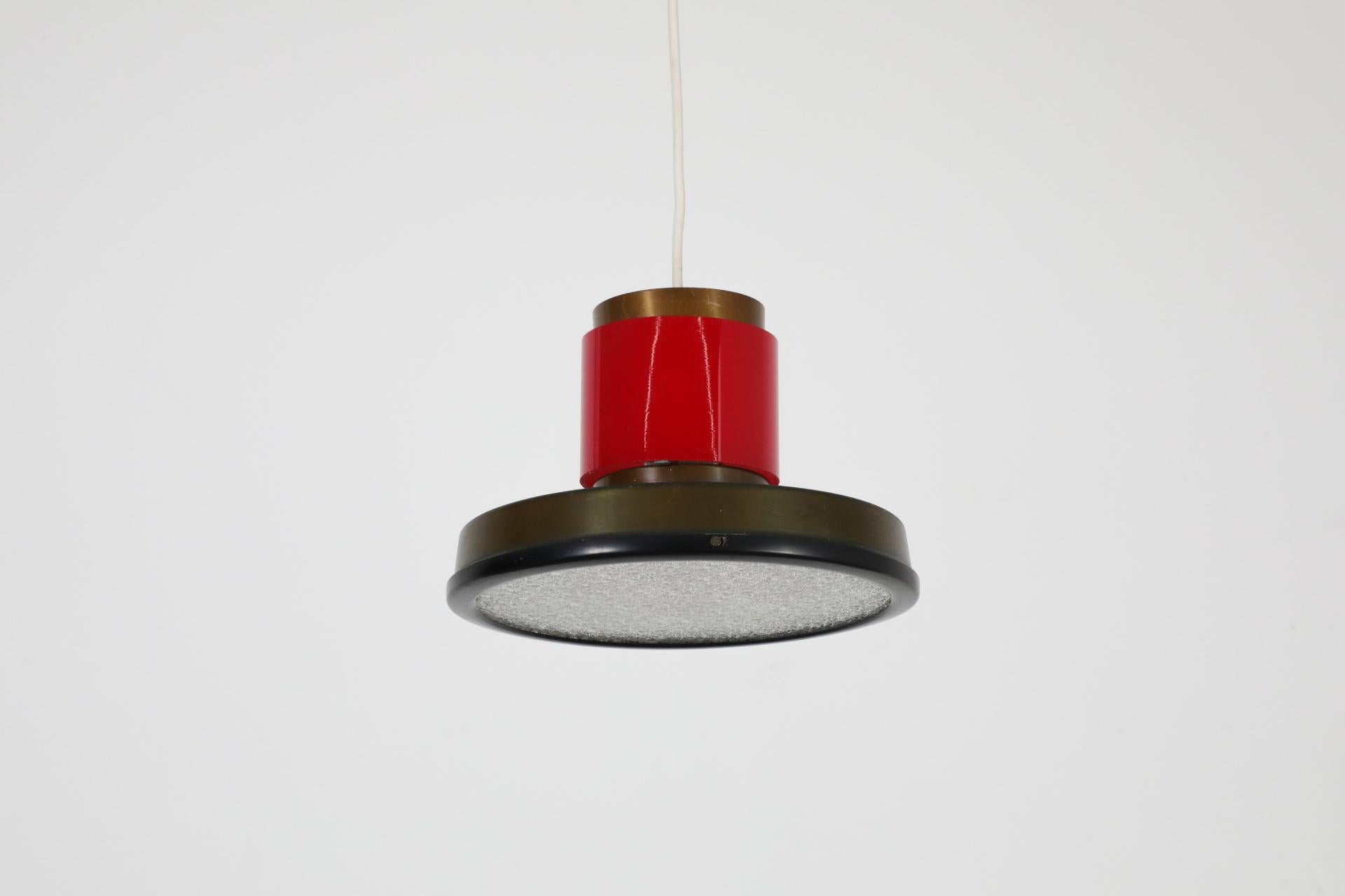 Metal Rare Dutch Mid-Century Hiemstra Pendant Light with Red Glass Ring For Sale