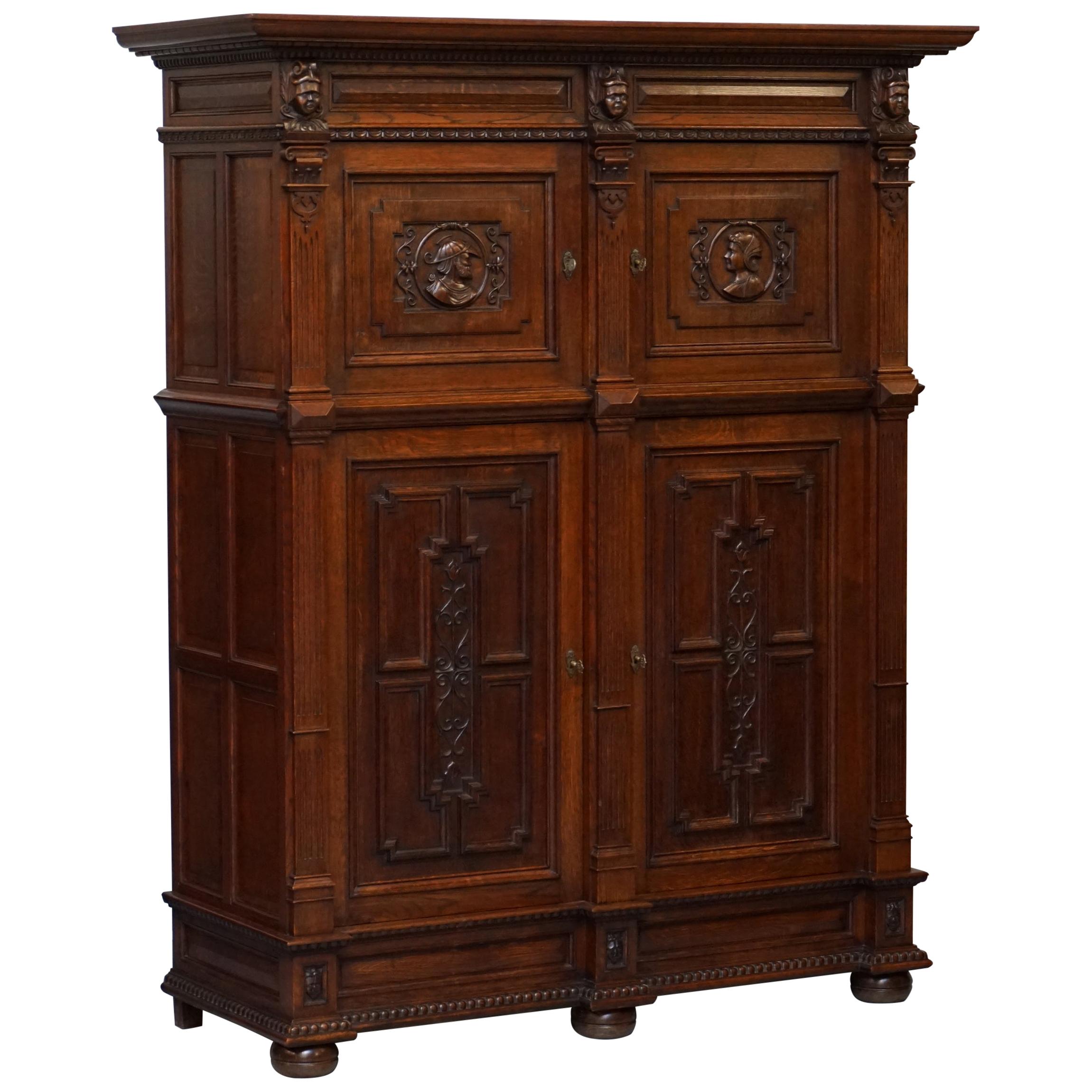 Rare Dutch Stunning 1940s Ornately Hand Carved Cupboard Part Large Office Suite For Sale