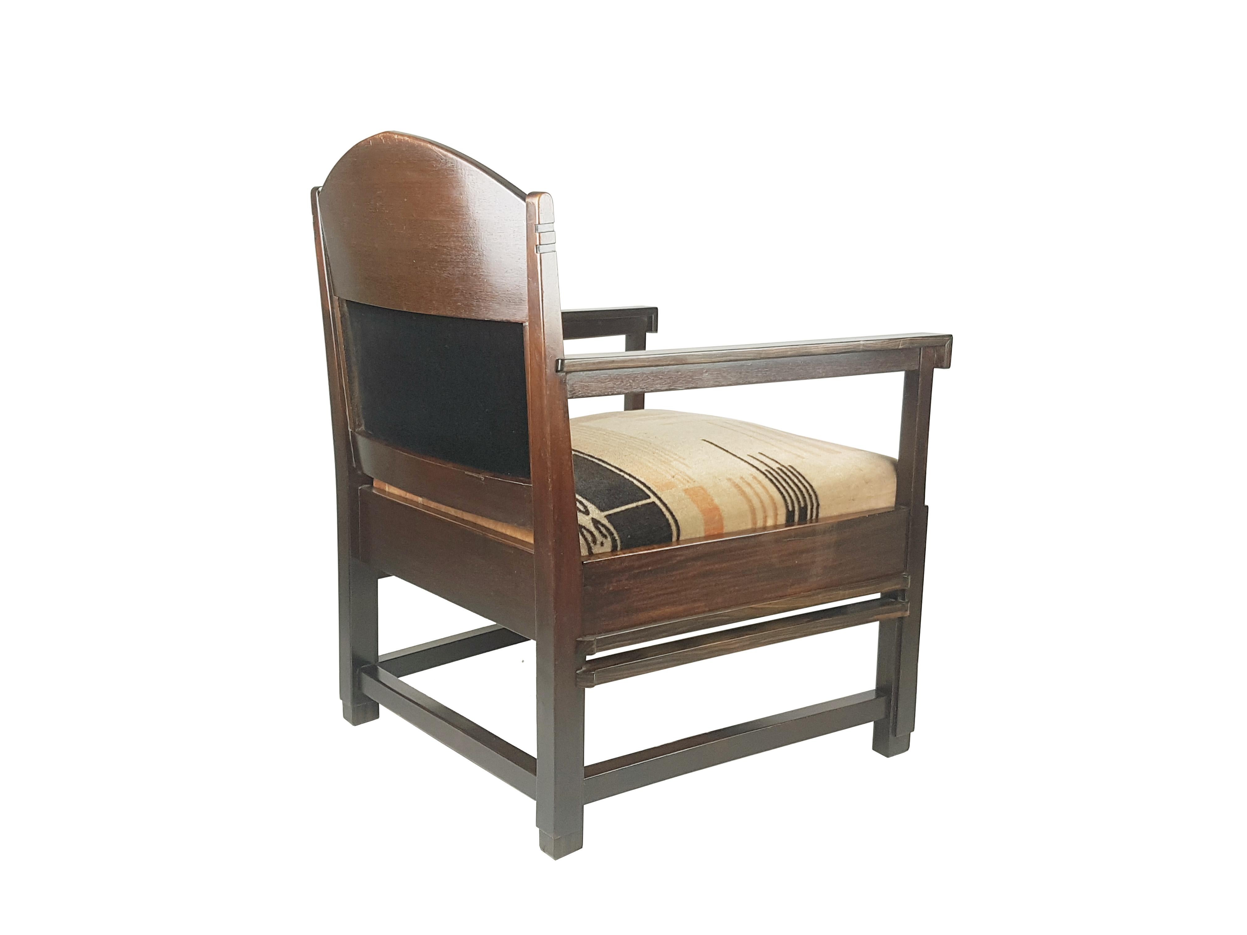 Rare Dutch Velvet & Wood '20s Armchair Attr. to C. Bartels from Amsterdam School For Sale 2