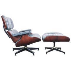 Rare Eames Lounge Chair and Ottoman in Custom Blue Leather