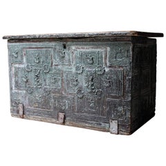 Antique Rare Early 17th Century Iberian Painted and Gilt Decorated Chest, circa 1620