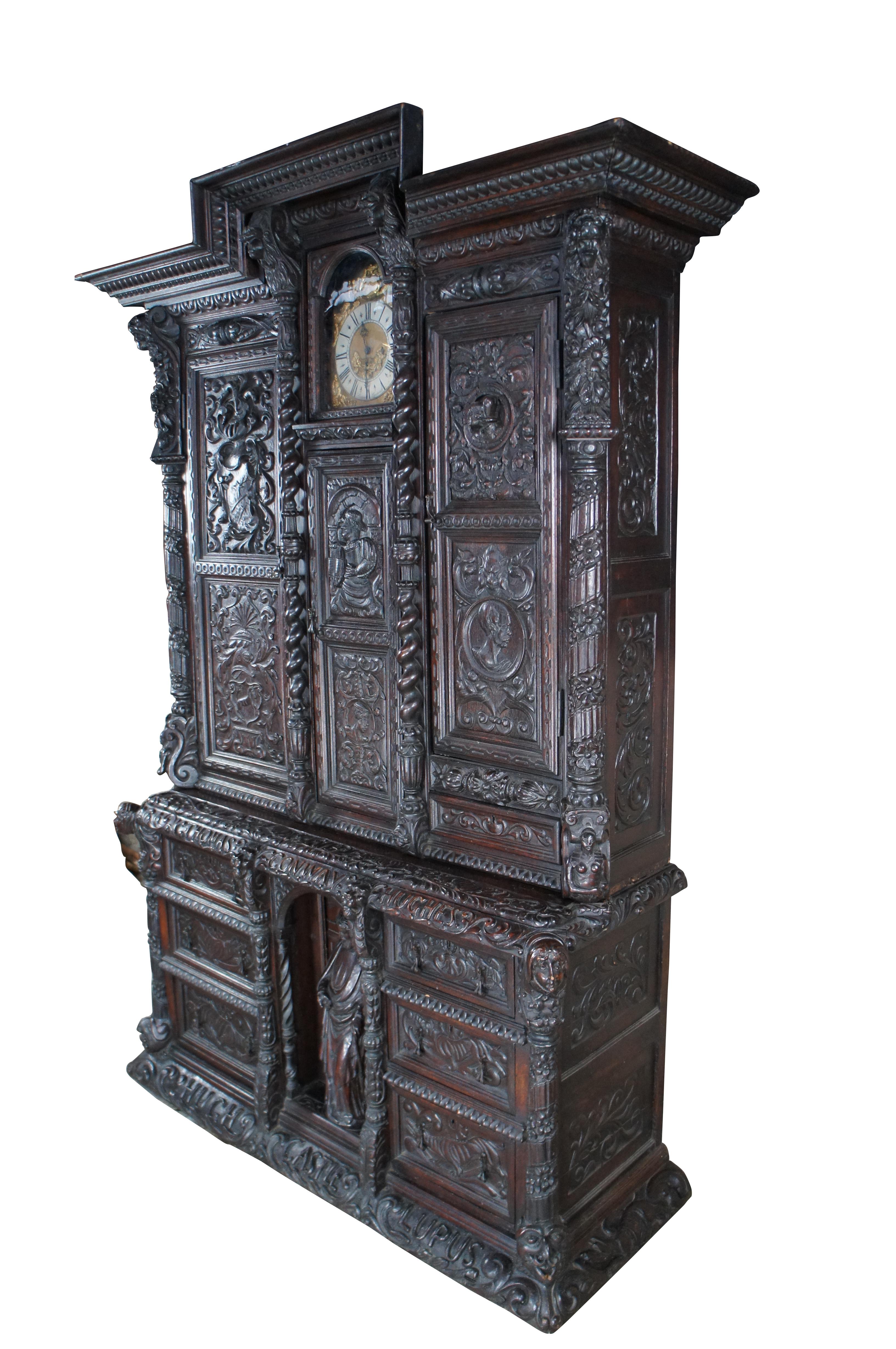 Gothic Rare Early 18th Century English Carved Oak Hugh Castle Cabinet Chest Bookcase For Sale
