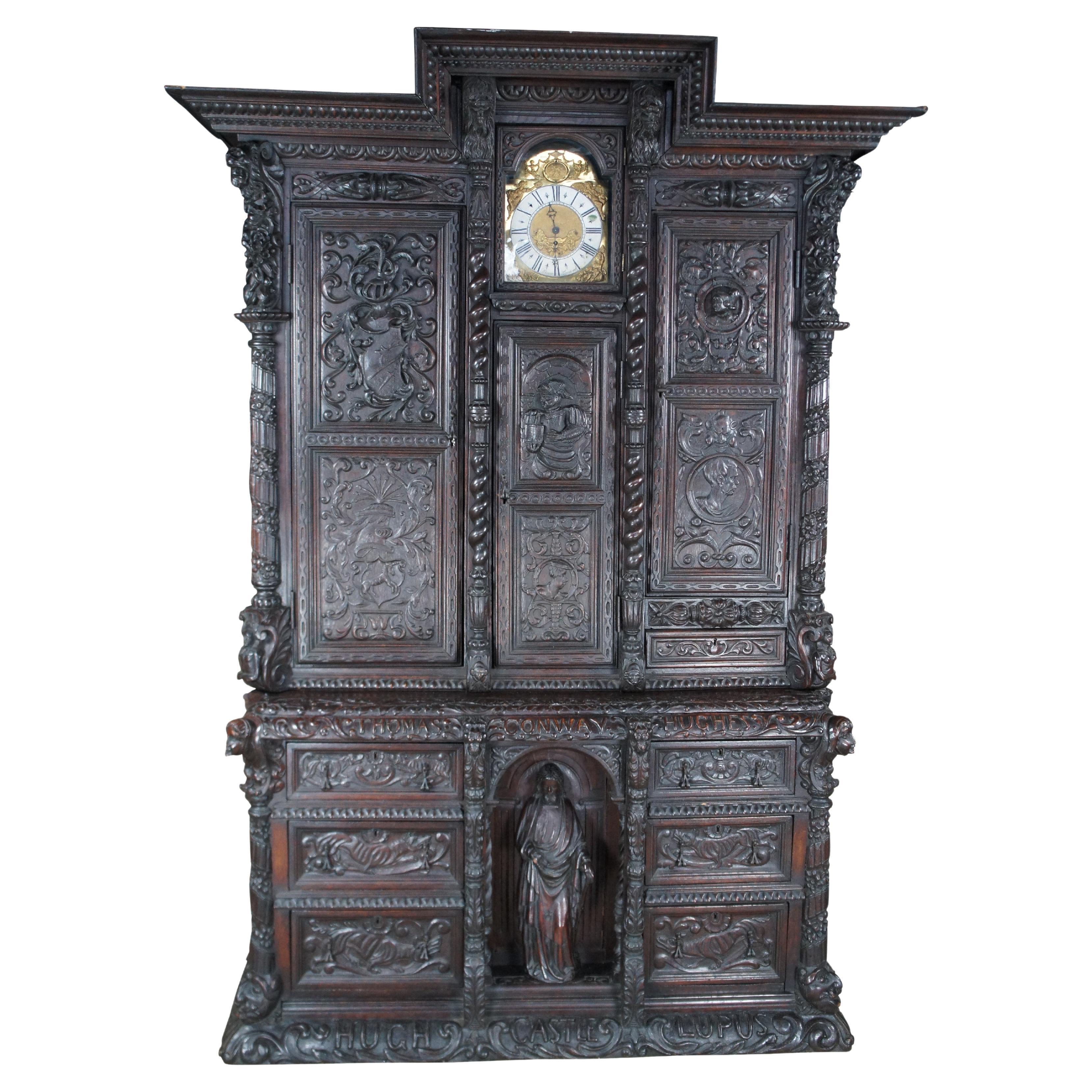 Rare Early 18th Century English Carved Oak Hugh Castle Cabinet Chest Bookcase For Sale