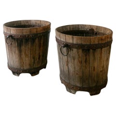 Rare Early 18th Century L'Orangerie Wood Planters with Forged Metal Detailing