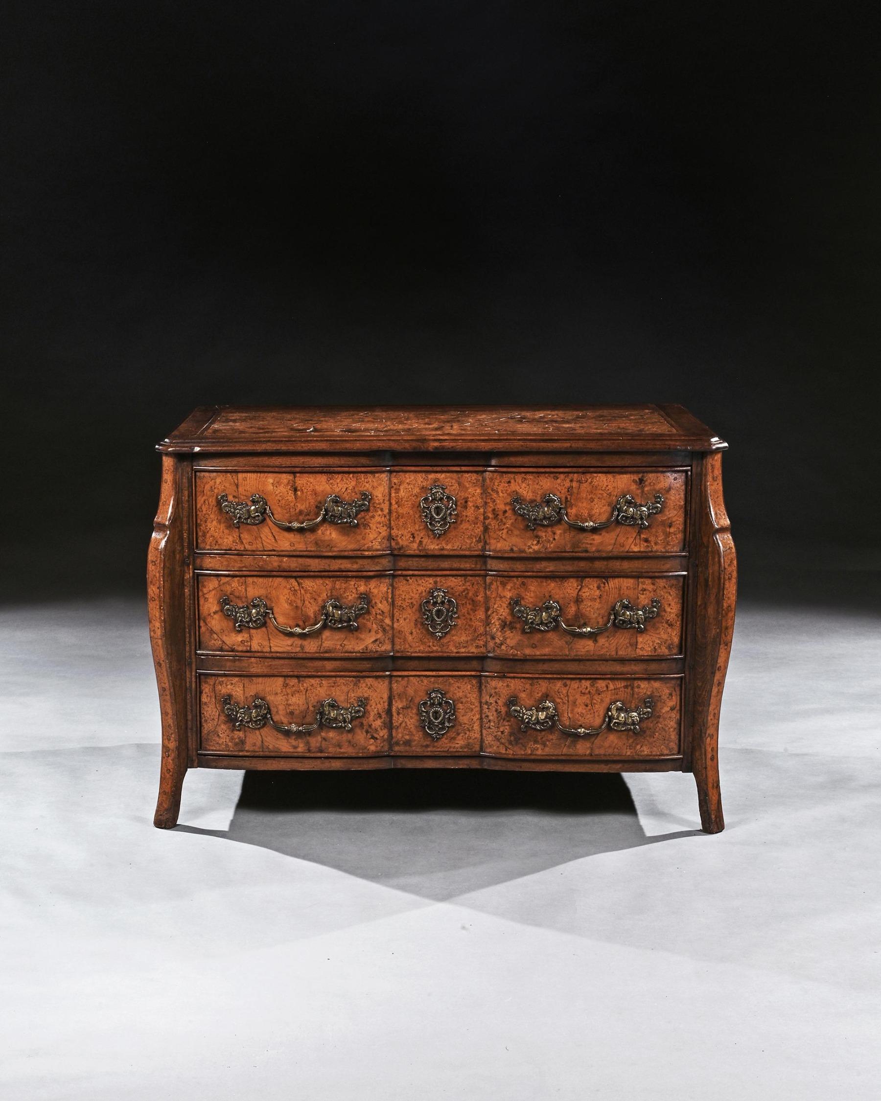 French Rare Early 18th Century Louis XV Provincial Burr Elm Mazarin Commode For Sale