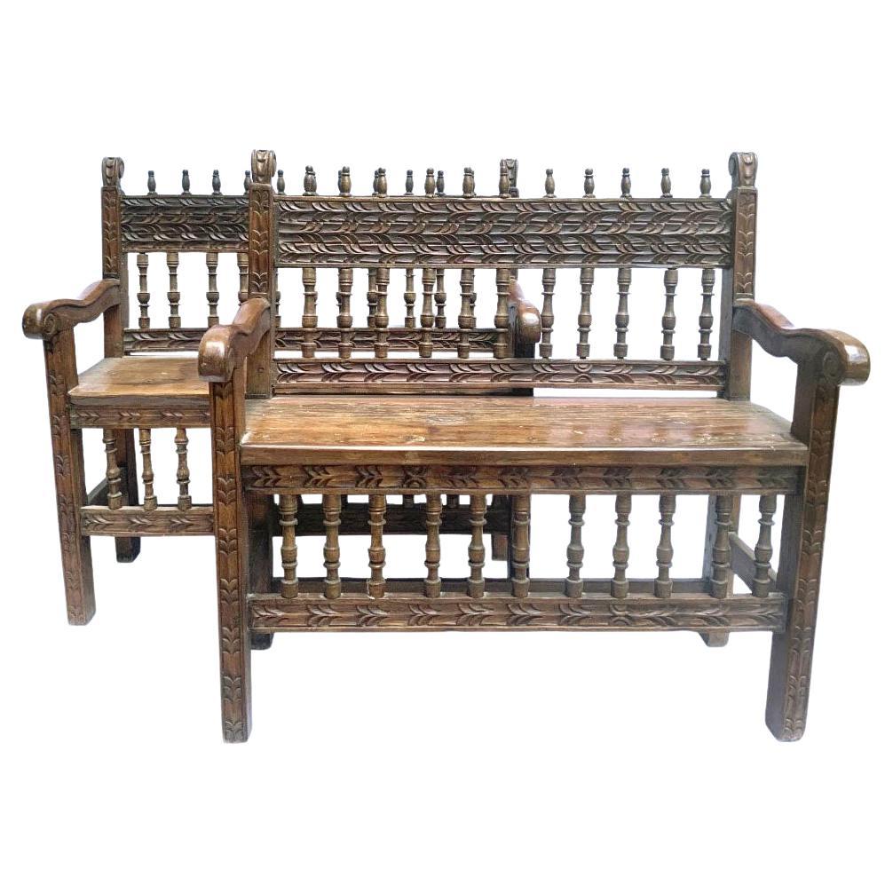 Rare Early 18th Century Spanish Colonial Pair of Benches For Sale