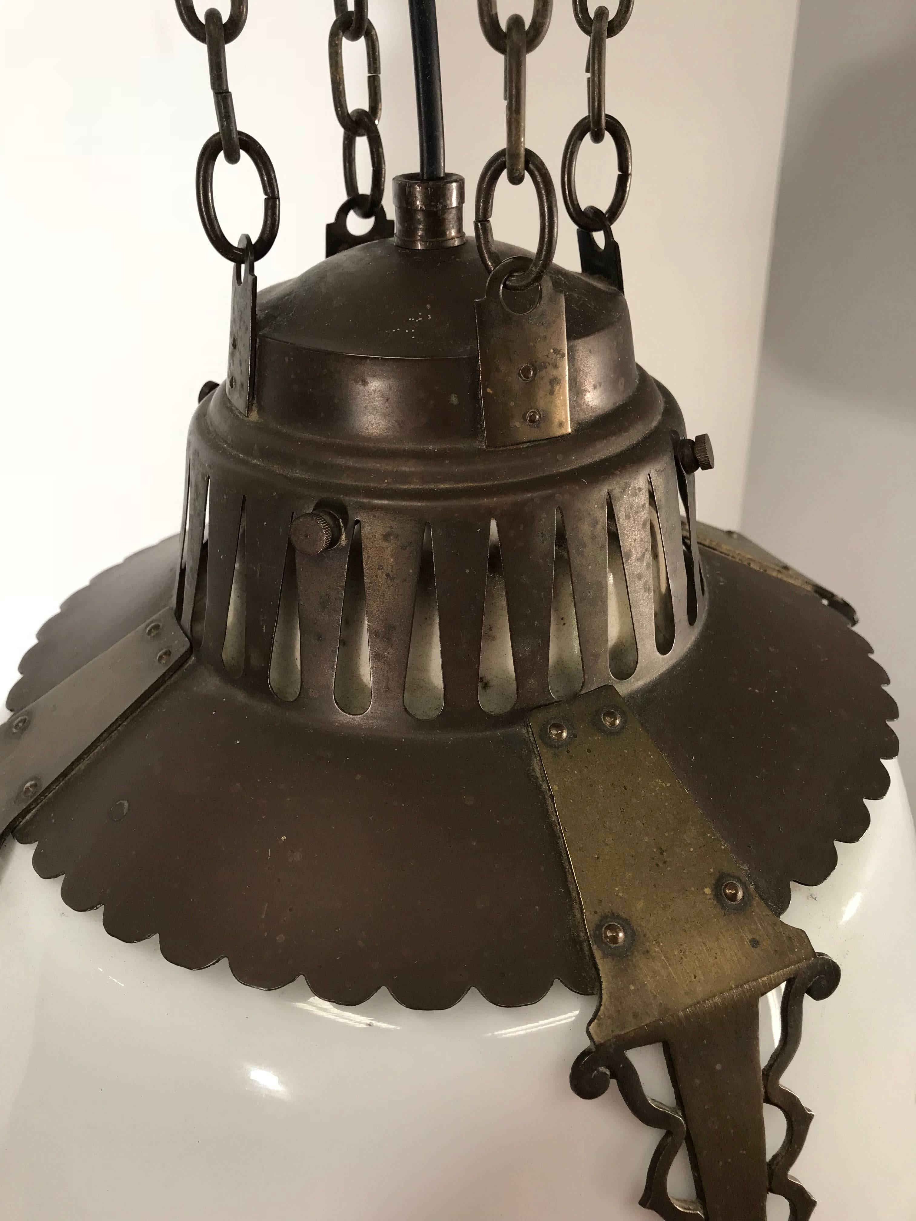 Rare Early 1900s Arts & Crafts Brass Armor and Opaline Glass Pendant Light  In Excellent Condition In Lisse, NL